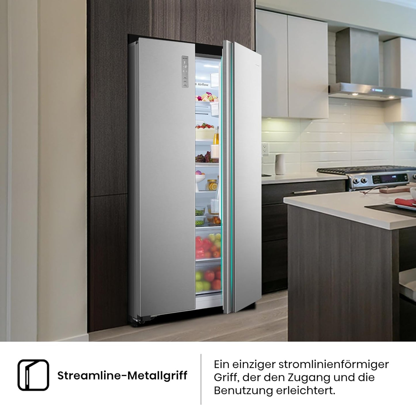 Hisense RS677N4BIE Side-by-Side Fridge Freezer / NoFrostPlus / Multiflow 360° / SuperCool / BigBox / 179.3 cm / Fridge Capacity 334 L / Freezer Capacity 185 L / 42 dB / 309 kWh Year / Stainless Steel Look