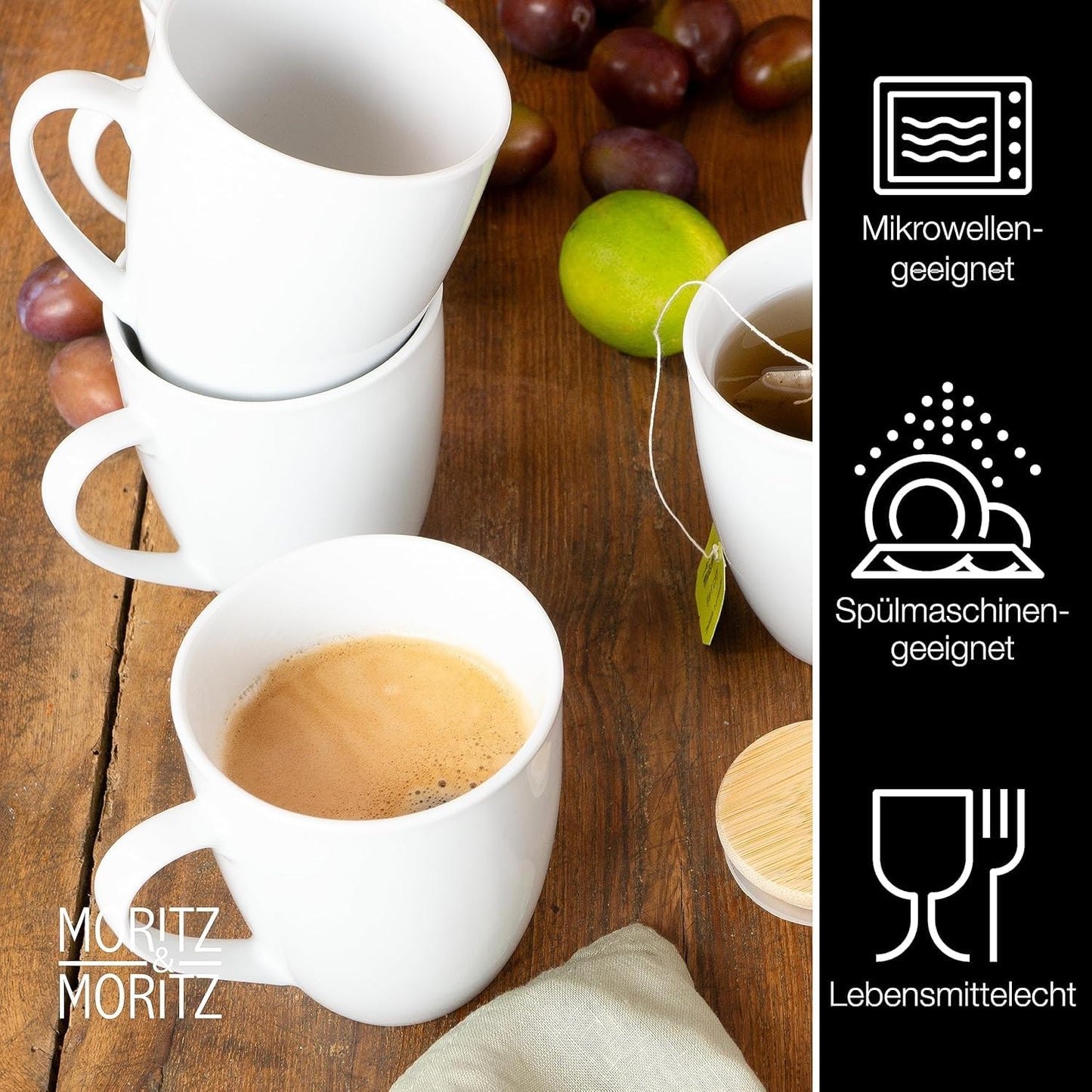 Moritz & Moritz BASIC Kaffeetassen Set 6-teilig - ca. 300ml aus hochwertigem Porzellan in klassischem Weiß - Perfekt für Kaffee, Tee, heiße Schokolade, Cappuccino