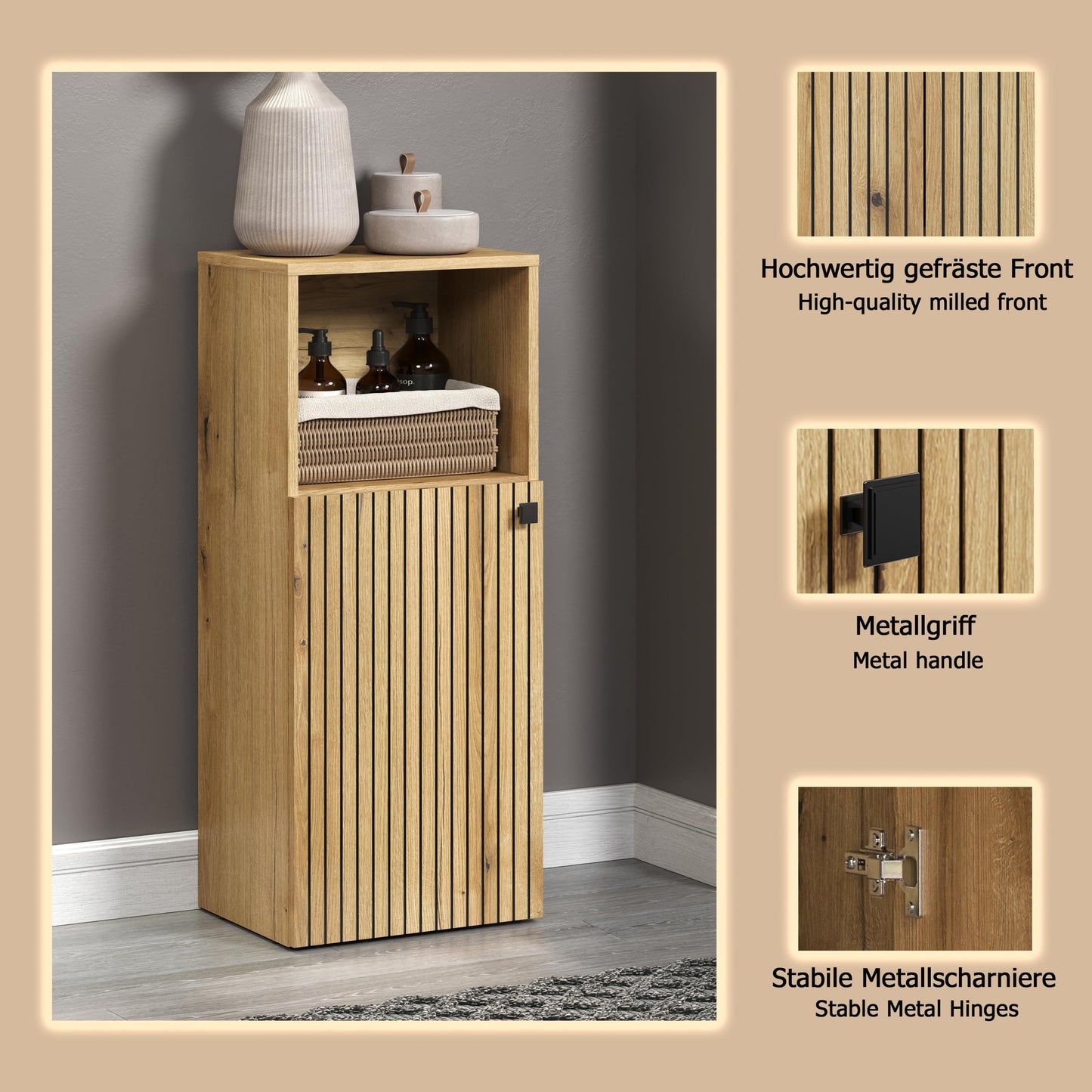 trendteam smart living - PureBliss - Hochschrank - Eiche - Badezimmerschrank in moderner Rillenoptik - edle Metallgriffe - (BxHxT) 40 x 186 x 31 cm - 2 praktische Einlegeböden - kratzfest