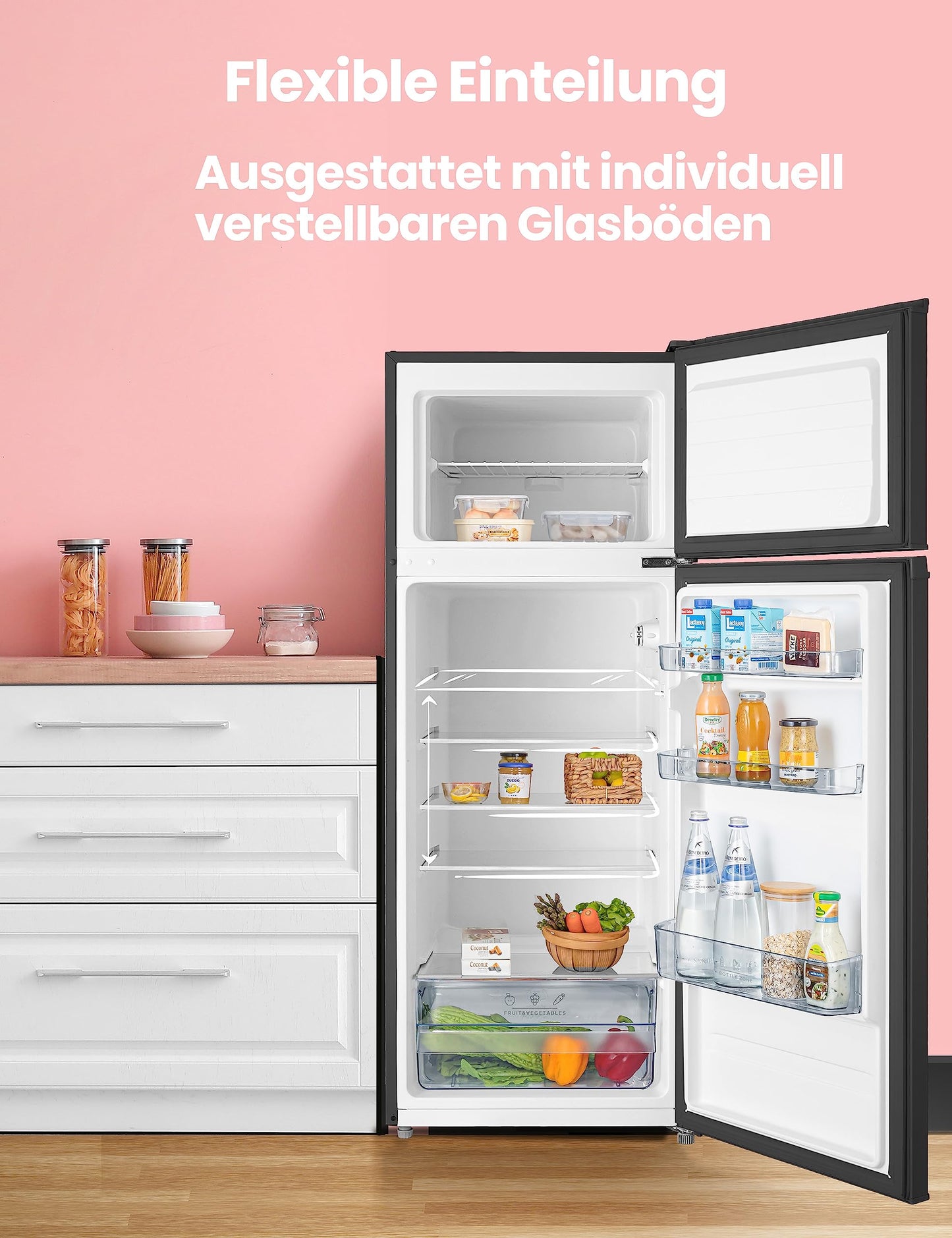 Comfee RCT284DK2A Fridge/Freezer, Top Freezer Compartment, 176 kWh/Year, 143 cm Height, LED Light, Reversible Door Hinge, Black