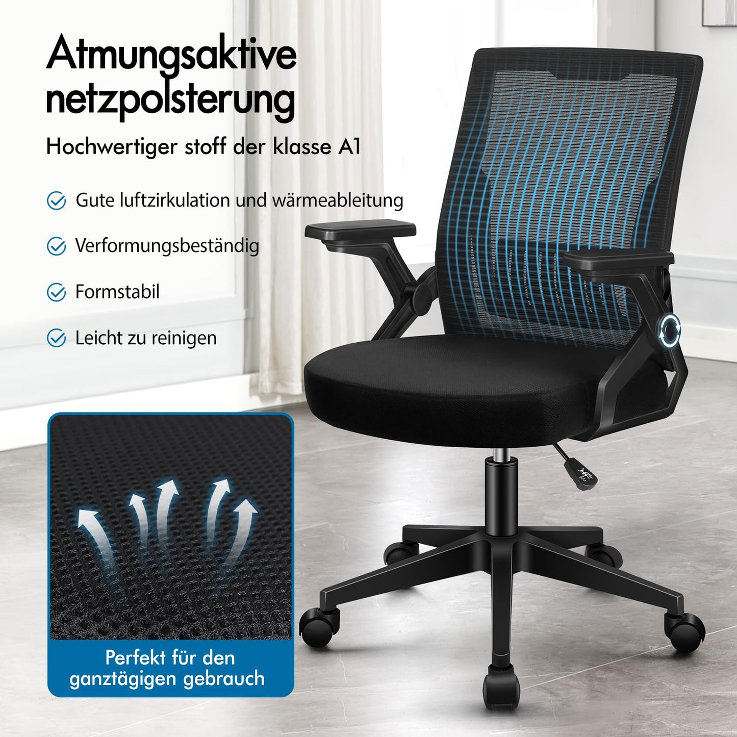 ALFORDSON Bürostuhl, Lendenstütze, Atmungsaktives Netz und Stoff, Hochklappbare/Verstellbare Armlehnen, Hochwertiger Schaumstoff, 180kg für Zuhause & Gaming, Wale, Schwarz