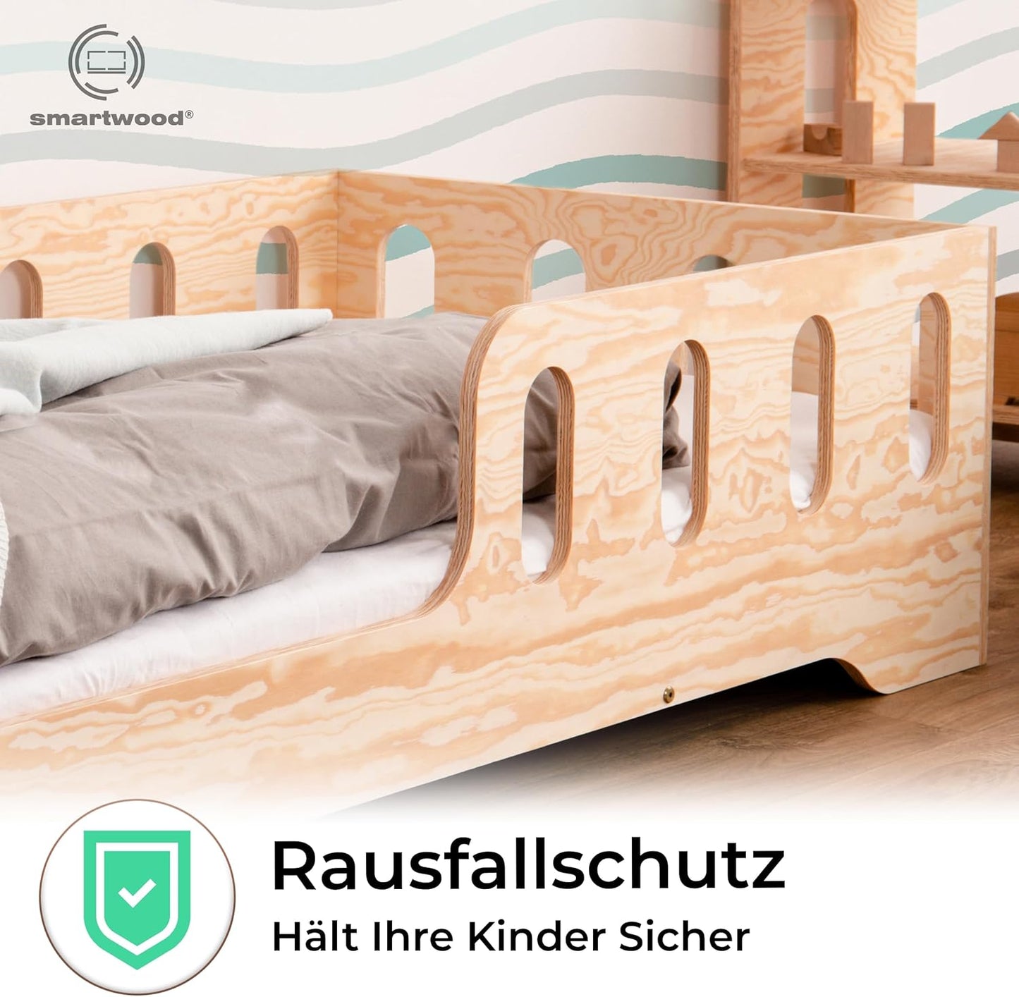smartwood Kinderbett 80x160 Montessori Bett mit Rausfallschutz & Lattenrost - Kiefernsperrholz mit FSC-Zertifikat - für Jungen und Mädchen - Einfache Montage - TILA 1L