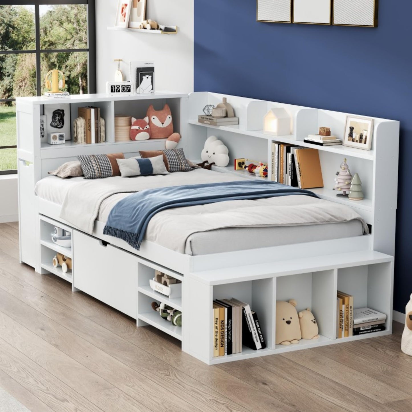 xixiworkshop Kinderbett 90x200cm Ausziehbett Bett mit Stauraum und USB-Steckdose/Mehreren Ablagefächern multifunktionales Jugendbett/Gästebett/Doppelbett mit Stauschrank Lattenrost,Ohne Matratze,Grau
