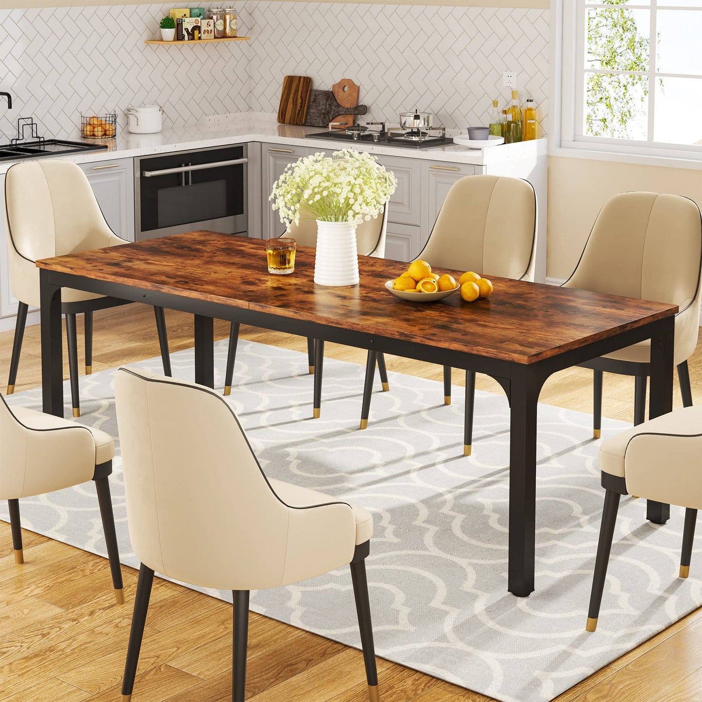 Tribesigns Dining Table, Industrial Kitchen Table for 4-6 People, 200 x 70 x 75 cm, Rectangular Dining Table for Dining Room, Kitchen, Living Room, with Heavy Duty Metal Legs, Oak