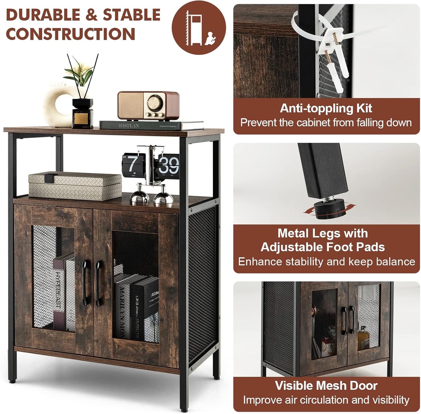 GIANTEX Weinschrank Barschrank Industrial, Weinbarschrank mit abnehmbarem Weinregal & 6 Glashalter, Küche Hausbar Küchenschrank mit Metallgittertüren, Sideboard Flaschenständer Weinständer 60x34x79cm