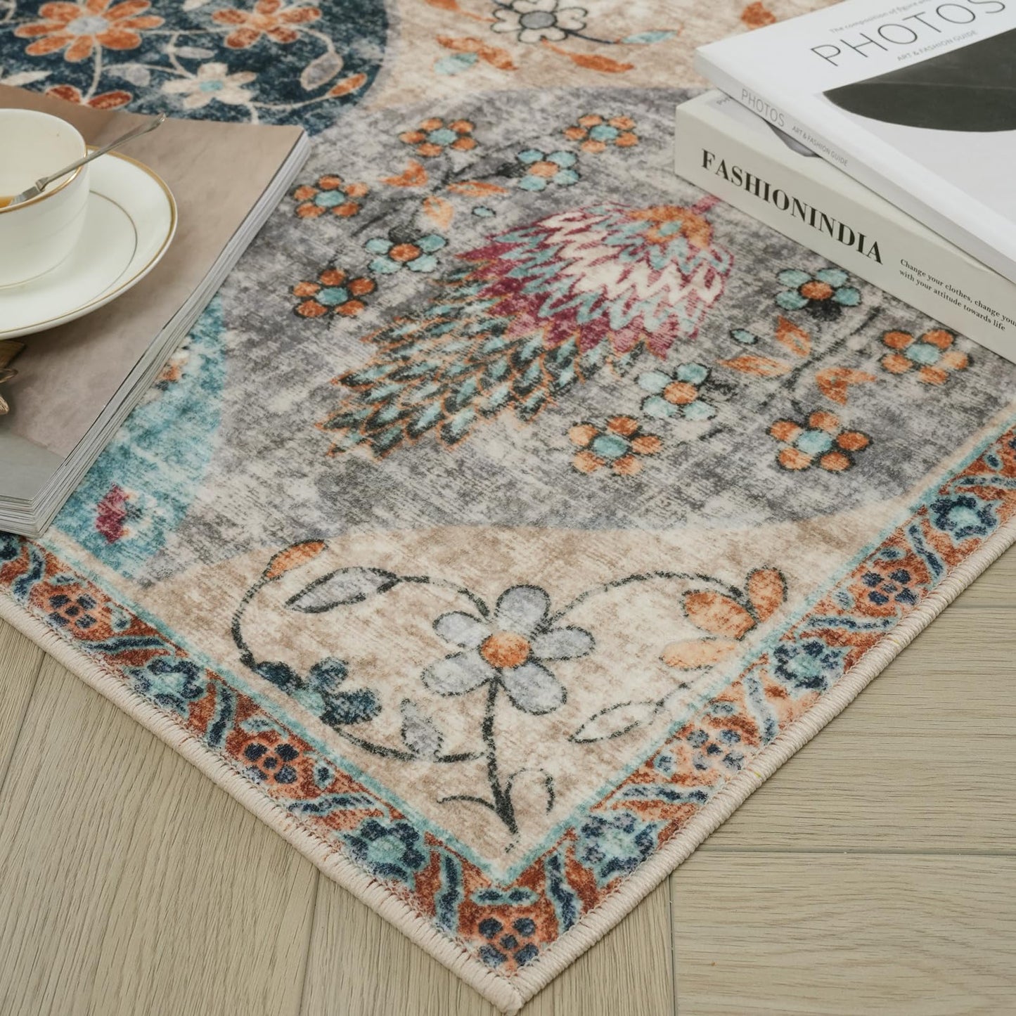 Xfrog Blumen Boho Teppich - Rutschfester Waschbarer Ultraweicher Antiker Niedriger Flor Flächenteppich für Wohnzimmer, Schlafzimmer, Kinderzimmer - 80 x 150 cm