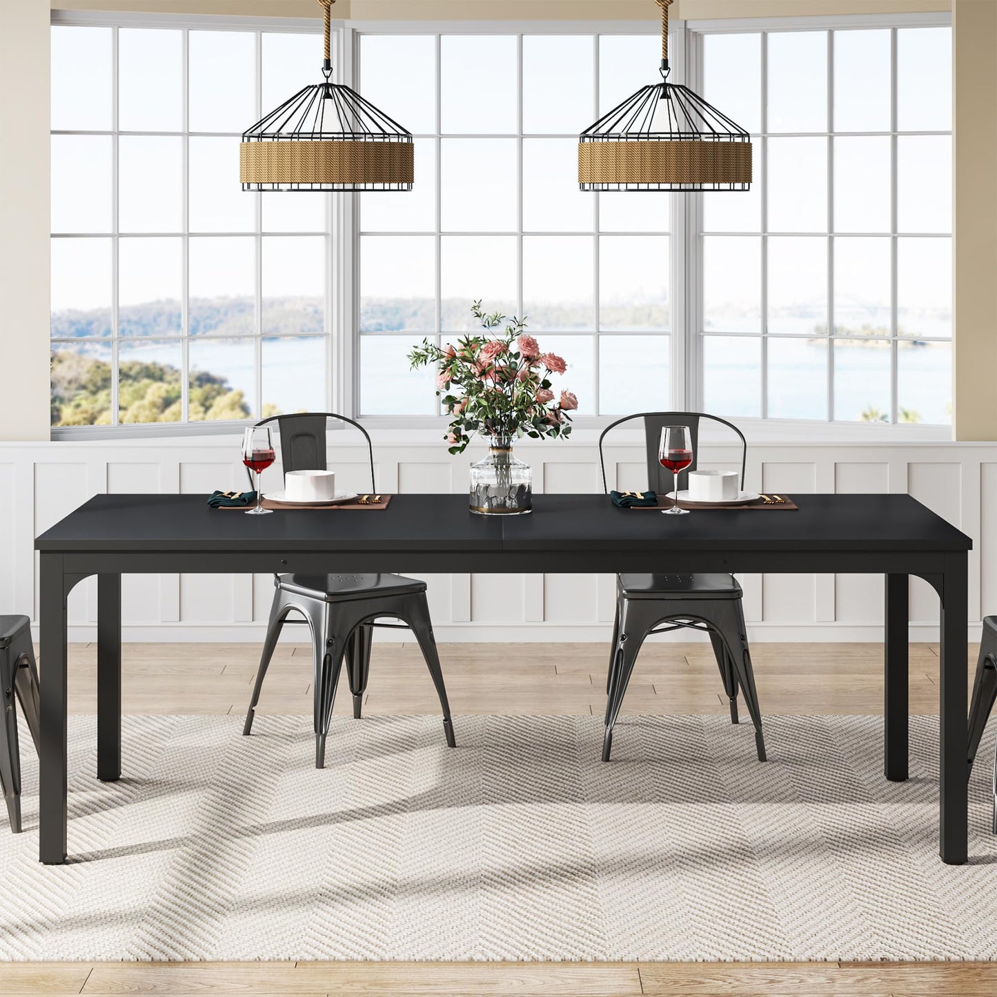 Tribesigns Dining Table, Industrial Kitchen Table for 4-6 People, 200 x 70 x 75 cm, Rectangular Dining Table for Dining Room, Kitchen, Living Room, with Heavy Duty Metal Legs, Oak