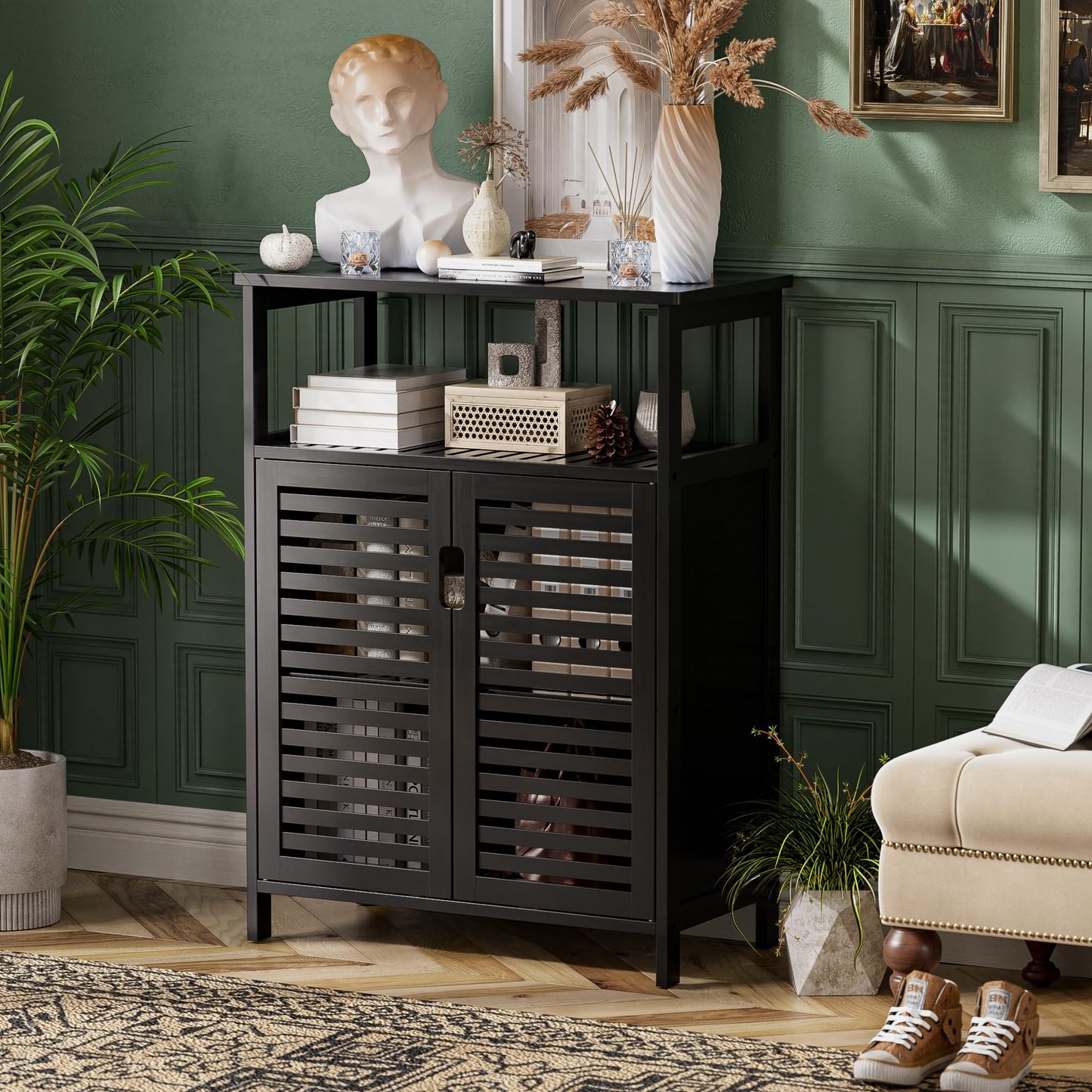 HITNET Bathroom Cabinet Bamboo Black Bathroom Cabinet with 2 Doors Freestanding Cabinet for Bathroom, Living Room and Bedroom