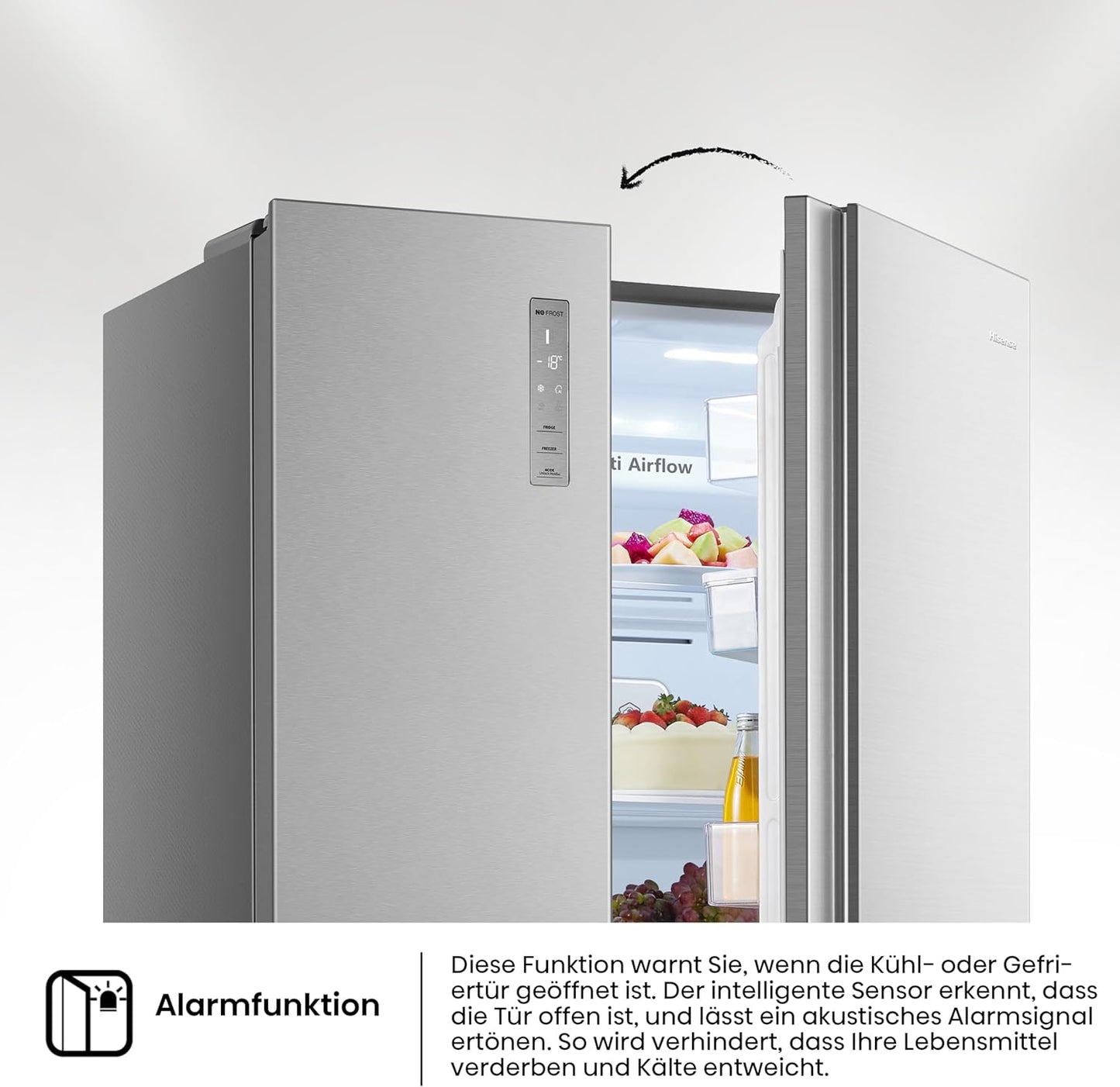 Hisense RS677N4BIE Side-by-Side Fridge Freezer / NoFrostPlus / Multiflow 360° / SuperCool / BigBox / 179.3 cm / Fridge Capacity 334 L / Freezer Capacity 185 L / 42 dB / 309 kWh Year / Stainless Steel Look