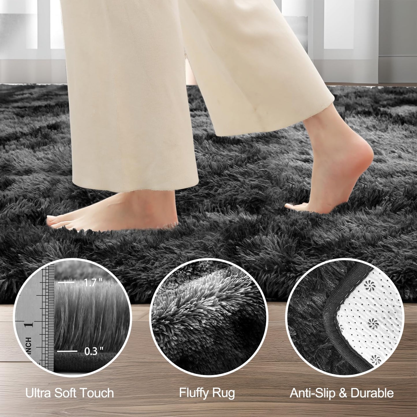 ZRSDIXKI Living Room Rugs 160 x 230 cm, Extra Large Shaggy Soft Rug, Fluffy Area Carpet, Modern Tie-dye Carpet, Washable Rugs for Home Decor, Bedroom, Dorm, Kids Room Lounge Office, Dark Grey