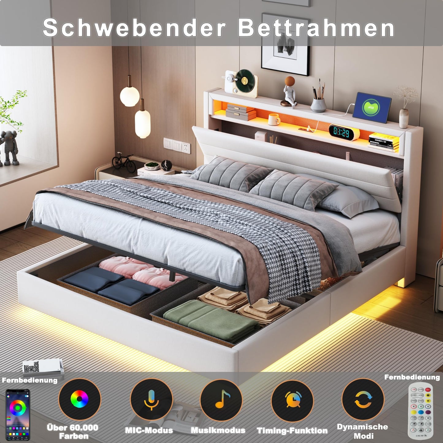 LAKFEW Upholstered Bed 140 x 200 cm, Double Bed Functional Bed with USB Socket and LED Lighting, Hanging Bed Headboard with Concealed Storage Space, Bed Frame Bed with Slatted Frame, Linen, Without