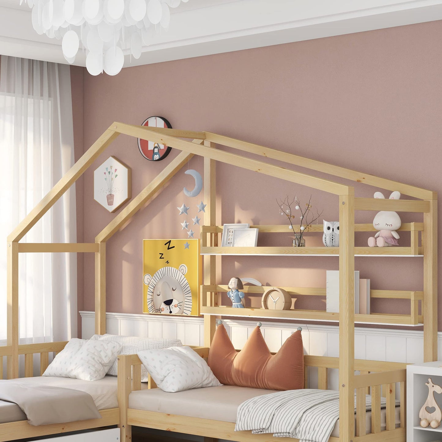 Merax Hausbett 90x200 cm mit 2 Schubladen, für 2 Kinder Doppelbett, Vielseitiges Holz Baumhausbett für Mädchen & Jungen, Stabil Spielbett Gitterbett mit Rausfallschutz und Lattenrost, Weiß