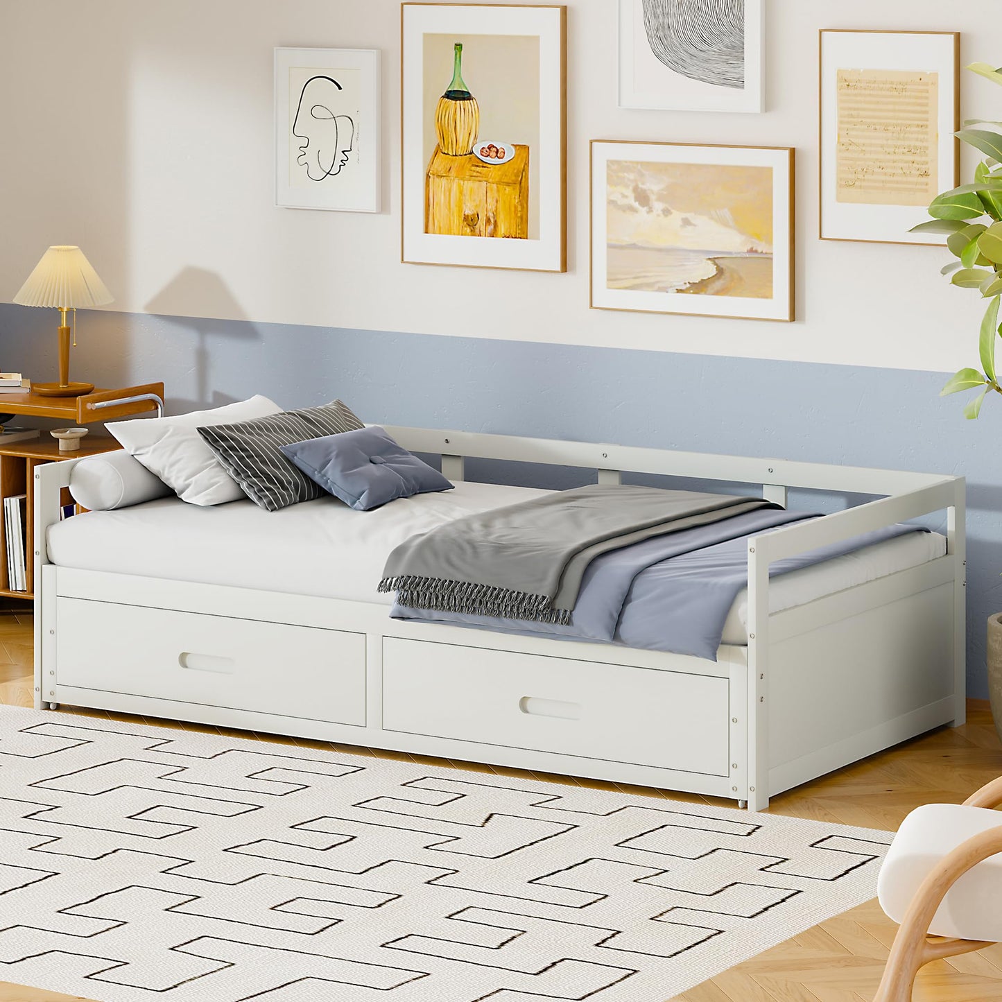 Merax Hausbett 90x200 cm mit 2 Schubladen, für 2 Kinder Doppelbett, Vielseitiges Holz Baumhausbett für Mädchen & Jungen, Stabil Spielbett Gitterbett mit Rausfallschutz und Lattenrost, Weiß