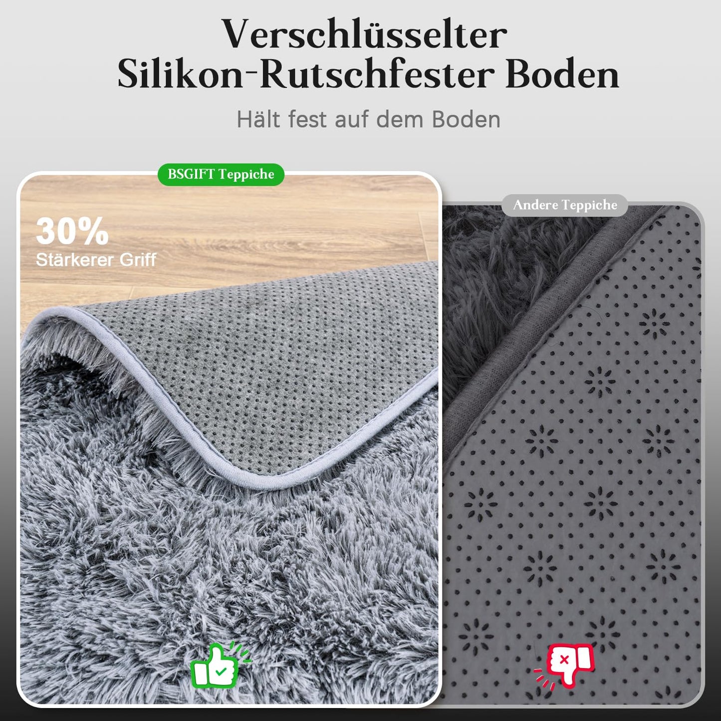 BSGIFT High Pile Rug, Grey, 160 x 230 cm, Shaggy Long Pile Fluffy Rug, Living Room, Modern Living Room Rug, Bed Rug, High-Pile Carpet, Non-Slip for Bedroom, Children's Room