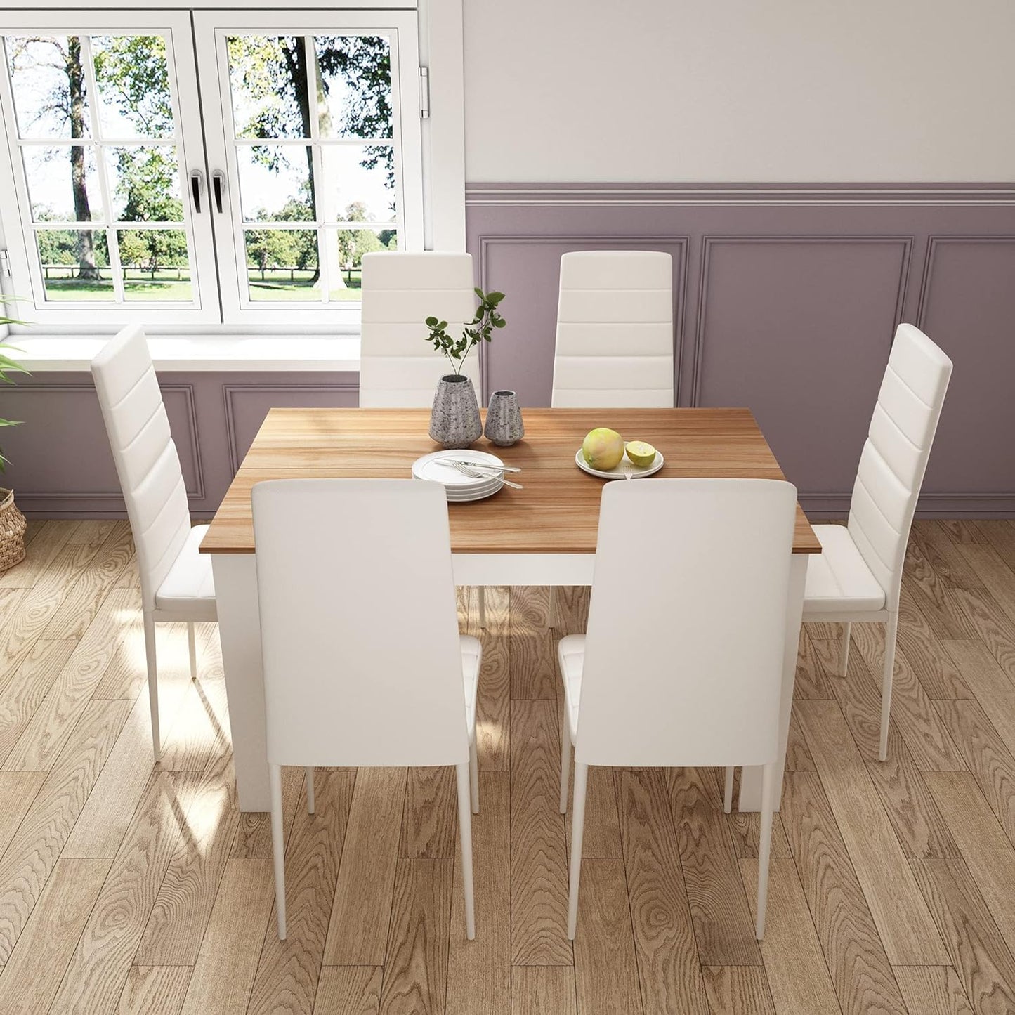 Mondeer Esstisch mit 6 Stühlen Set, Essgruppe mit Hochlehner Kunstleder Stuhl für Küche Esszimmer Wohnzimmer, W138 x D90 x H75 cm, Weiß und Grau