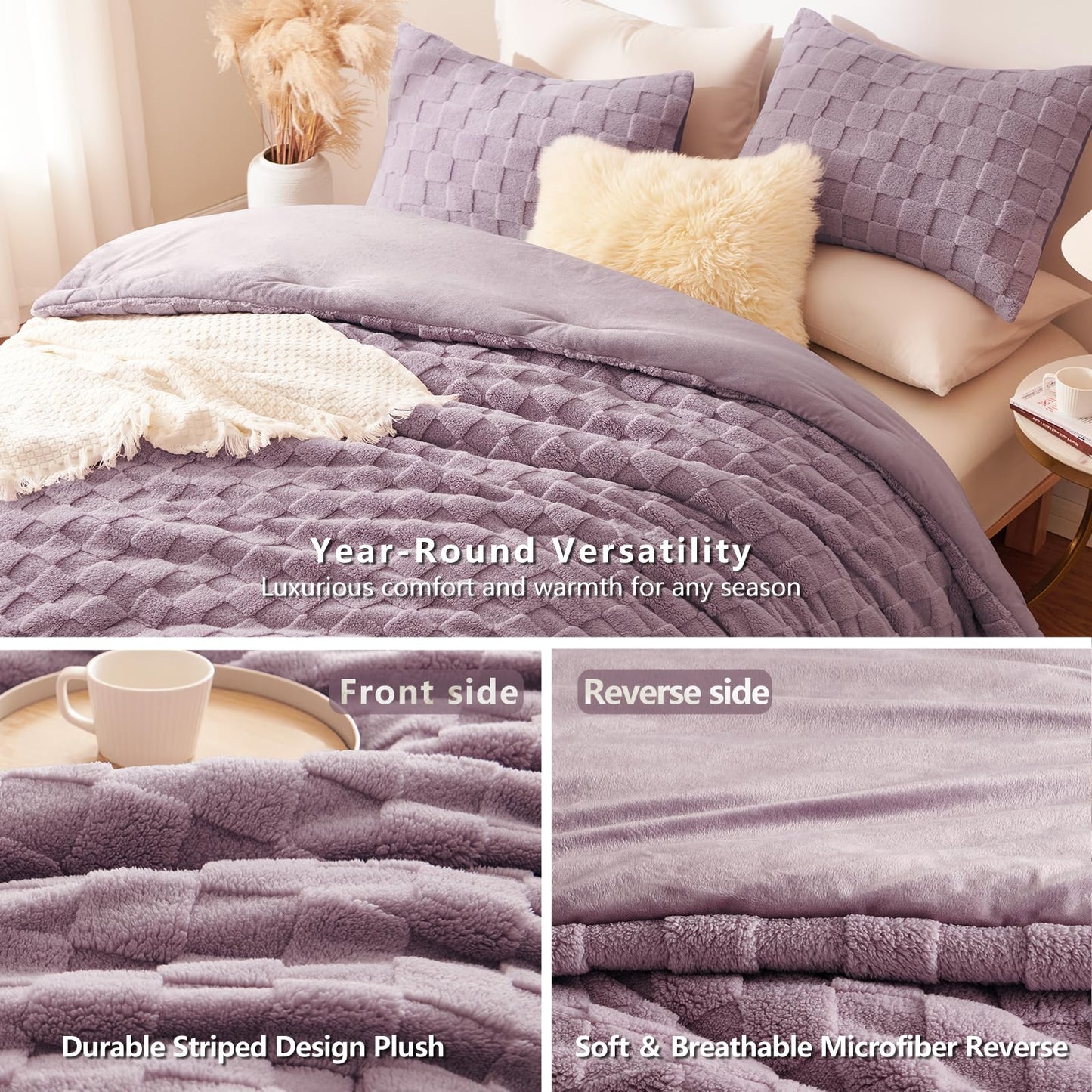 CozyLux Queen Size Comforter Set Blush Pink, Fluffy Plush Fleece Comforter with Checkered Pattern, Farmhouse Boho Soft Warm Bed Set, 3 Pieces, 1 Comforter and 2 Pillowcases