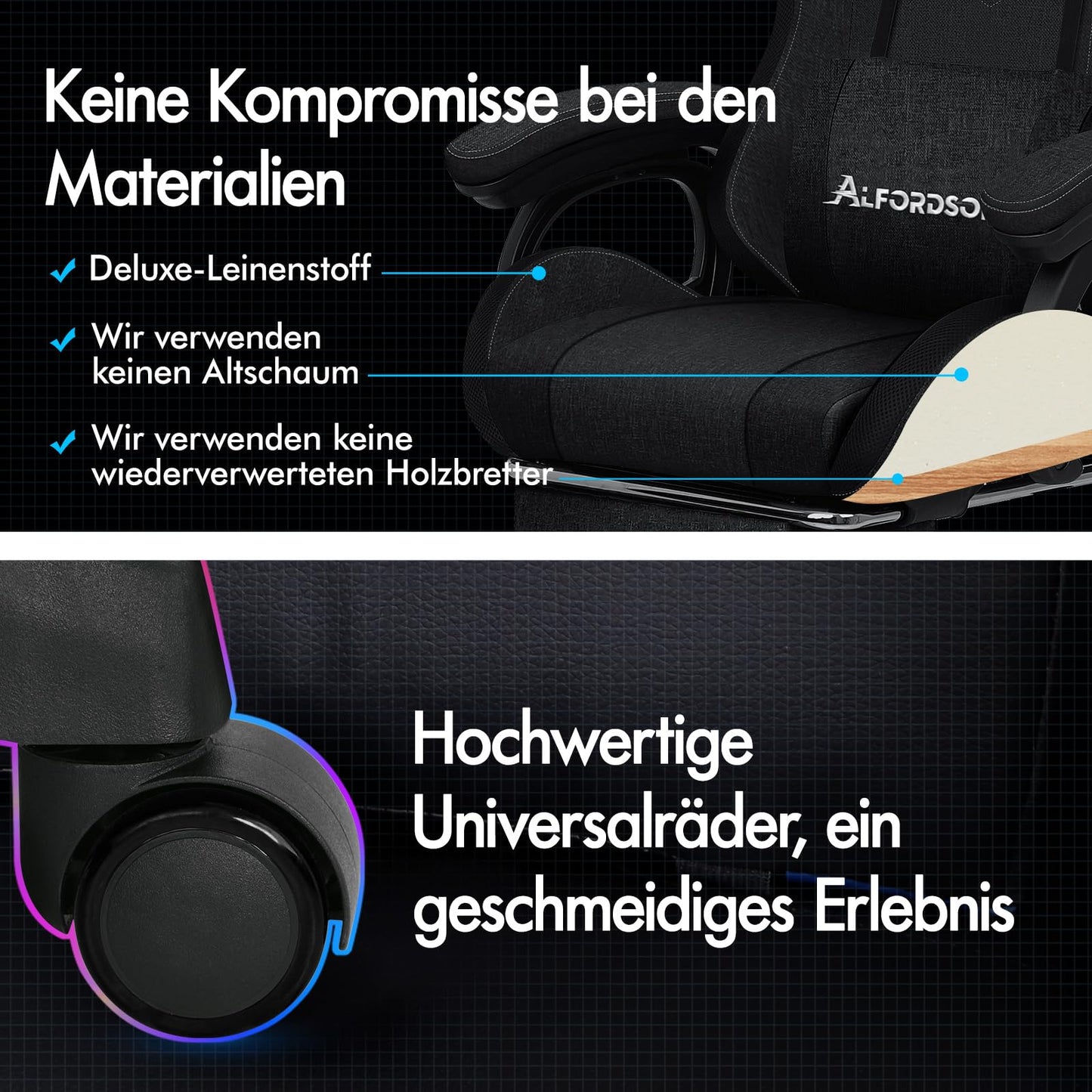 ALFORDSON Gaming Stuhl mit 8-Punkt Massage 12 Farben RGB LED-Licht, Bürostuhl Ergonomisch mit fußstützen, Kopfstütze Lendenkissen für Kinder Erwachsene, Schwarz