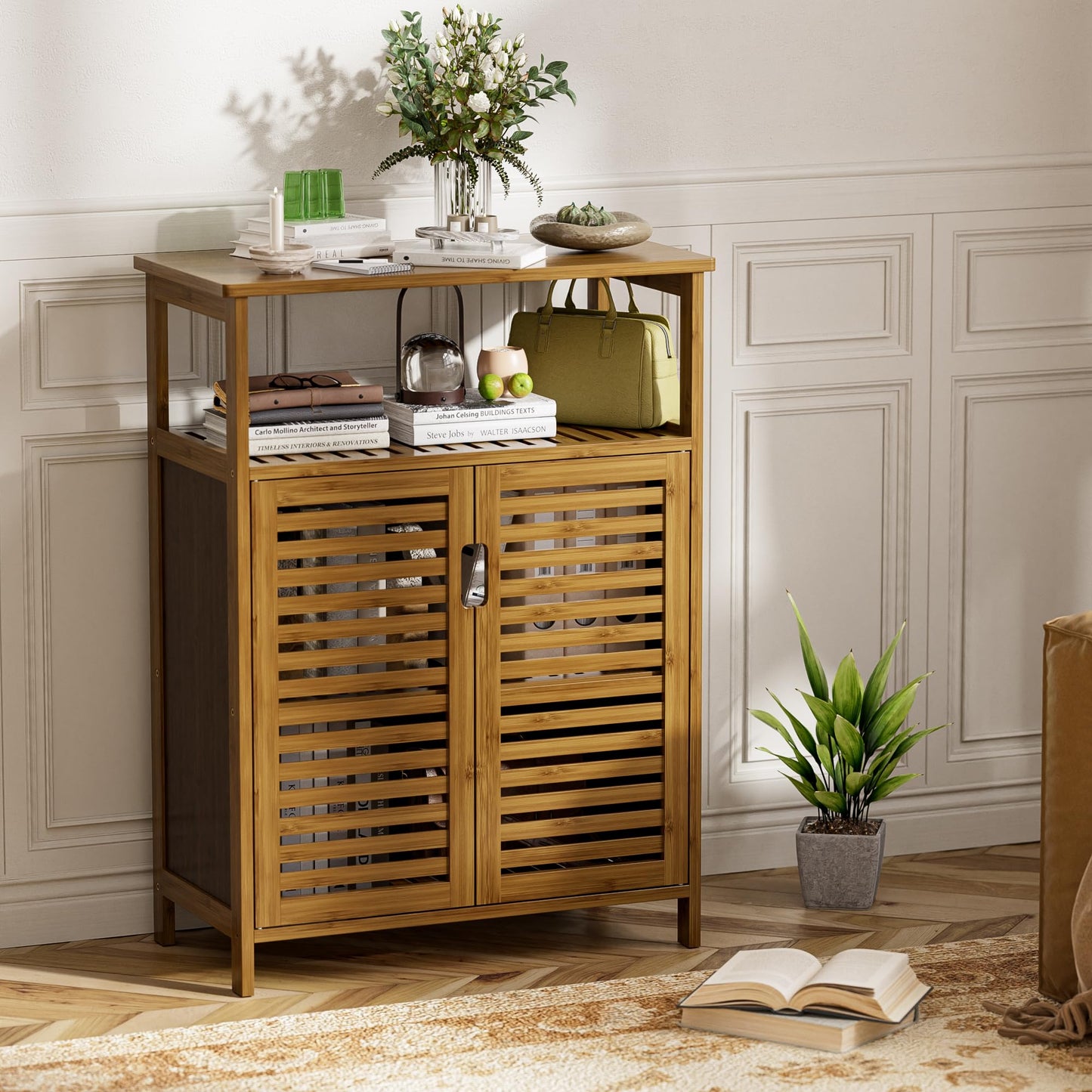 HITNET Bathroom Cabinet Bamboo Black Bathroom Cabinet with 2 Doors Freestanding Cabinet for Bathroom, Living Room and Bedroom