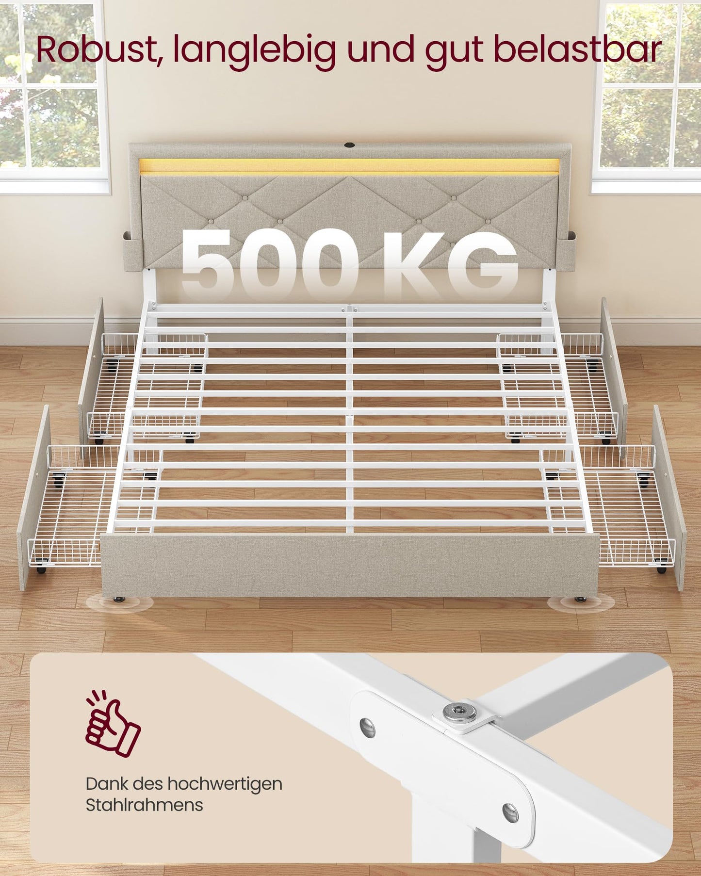 VASAGLE Double Bed Frame - Fits 140 x 200 cm Mattress - LED Metal Bed - 4 Drawers - Charging Station - Adjustable Padded Headboard - Slate Grey RMB827G02