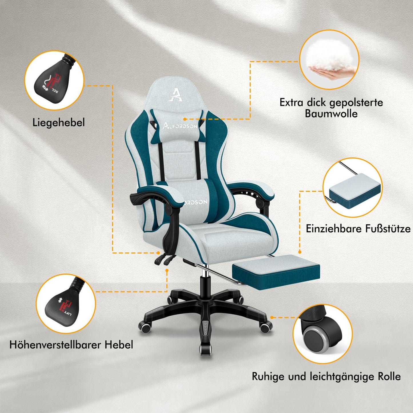 ALFORDSON Gaming-Stuhl mit Massage-Lendenwirbelkissen, ergonomischer Gamer-Racer-Stuhl mit Verstellbarer Rückenlehne, Drehstuhl mit Fußstütze, höhenverstellbar, Schwarz
