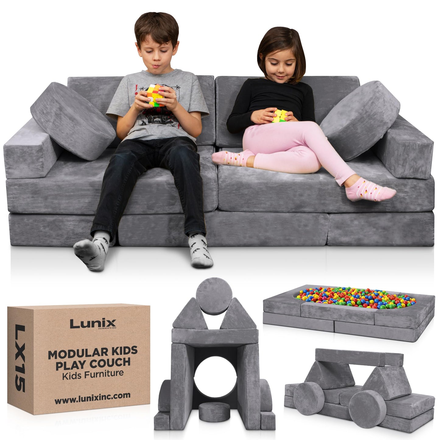 Lunix LX15 14pcs Modular Kids Play Couch, Child Sectional Sofa, Fortplay Bedroom and Playroom Furniture for Toddlers, Convertible Foam and Floor Cushion for Boys and Girls, Gray