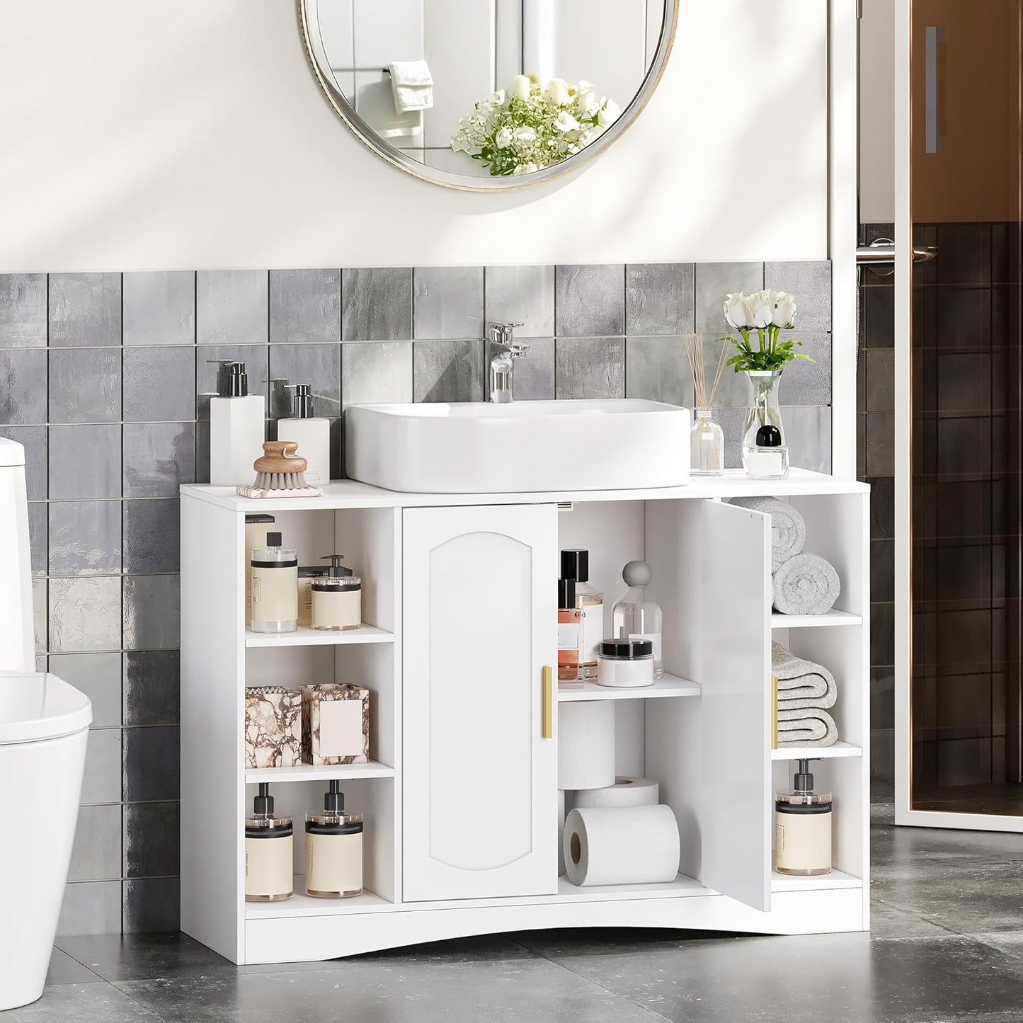 HEXCELEN Vanity Unit, Bathroom Cabinet, Vanity Unit with 2 Doors, 6 Open Compartments, Bathroom Cabinet, Adjustable Shelf, Lots of Storage Space, White, 30 x 90 x 61.2 cm