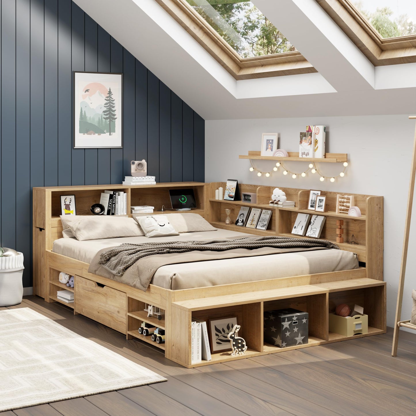 Children's Bed 90 x 200 cm, Wooden Bed with Drawers and Board, Headboard with Bookshelf and Fall Protection, Bed with Slatted Frame and Storage Space, Teenager's Bed, Functional Bed, Wooden Bed Frame,