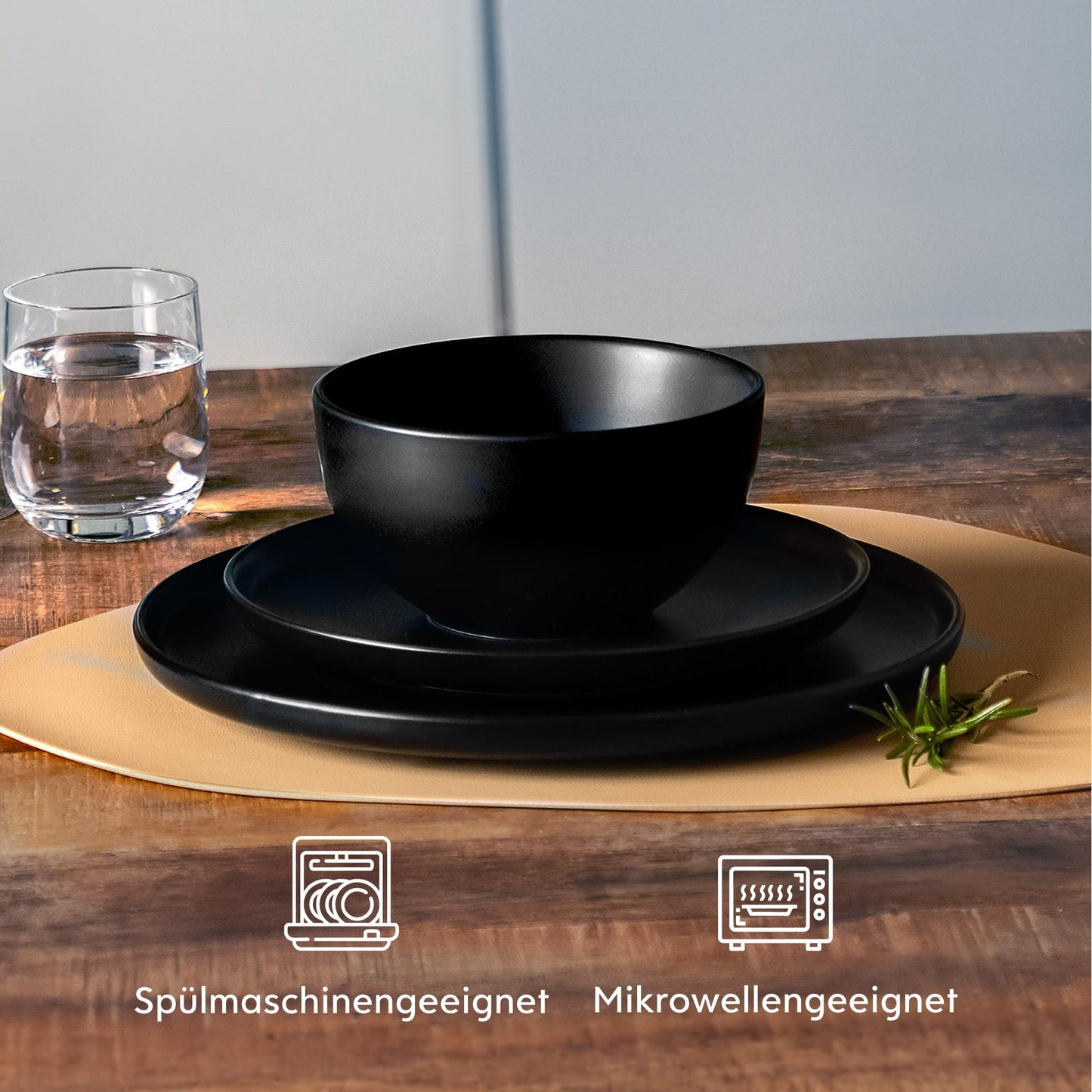 Twinzee Stoneware Crockery Set Black - Set of 24 Tableware and Table Art - Plate Set - Microwave and Dishwasher Safe - Durable and Elegant