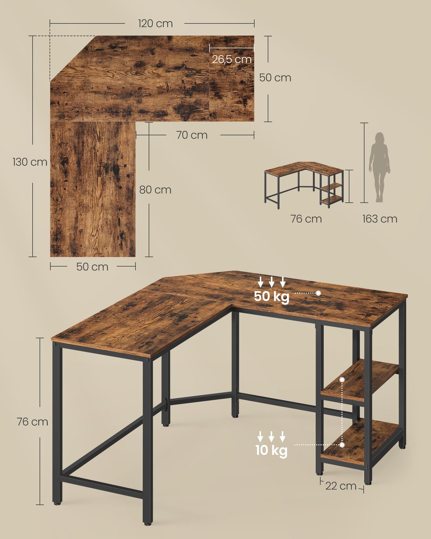 Vasagle L-Shaped Computer Desk, Corner Desk with 2 Shelves