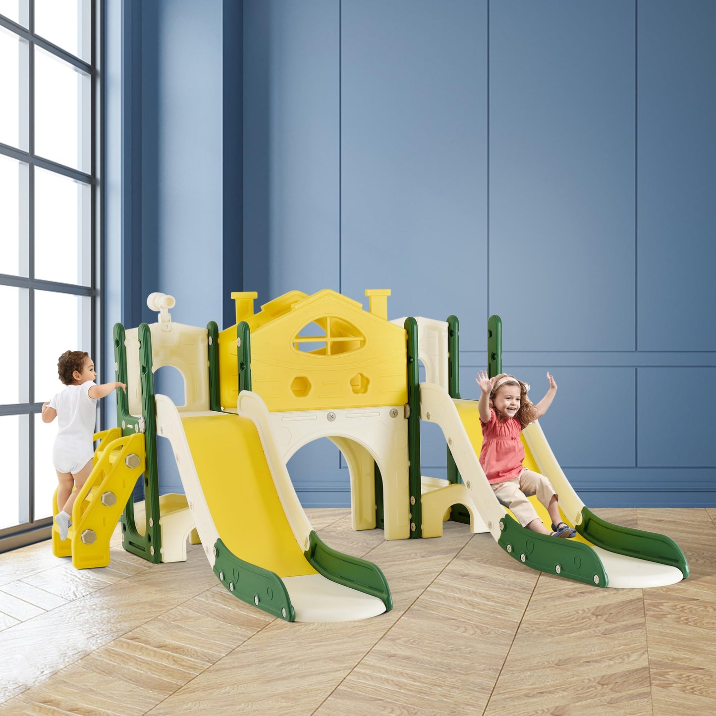 BestAlice 4 in 1 Kinderrutsche Set für Outdoor und Innen, Spielplatz mit Schaukel, Basketballkorb, Kletterleiter, Indoor- und Outdoor-Spielset, 18 Monate + (Blau)
