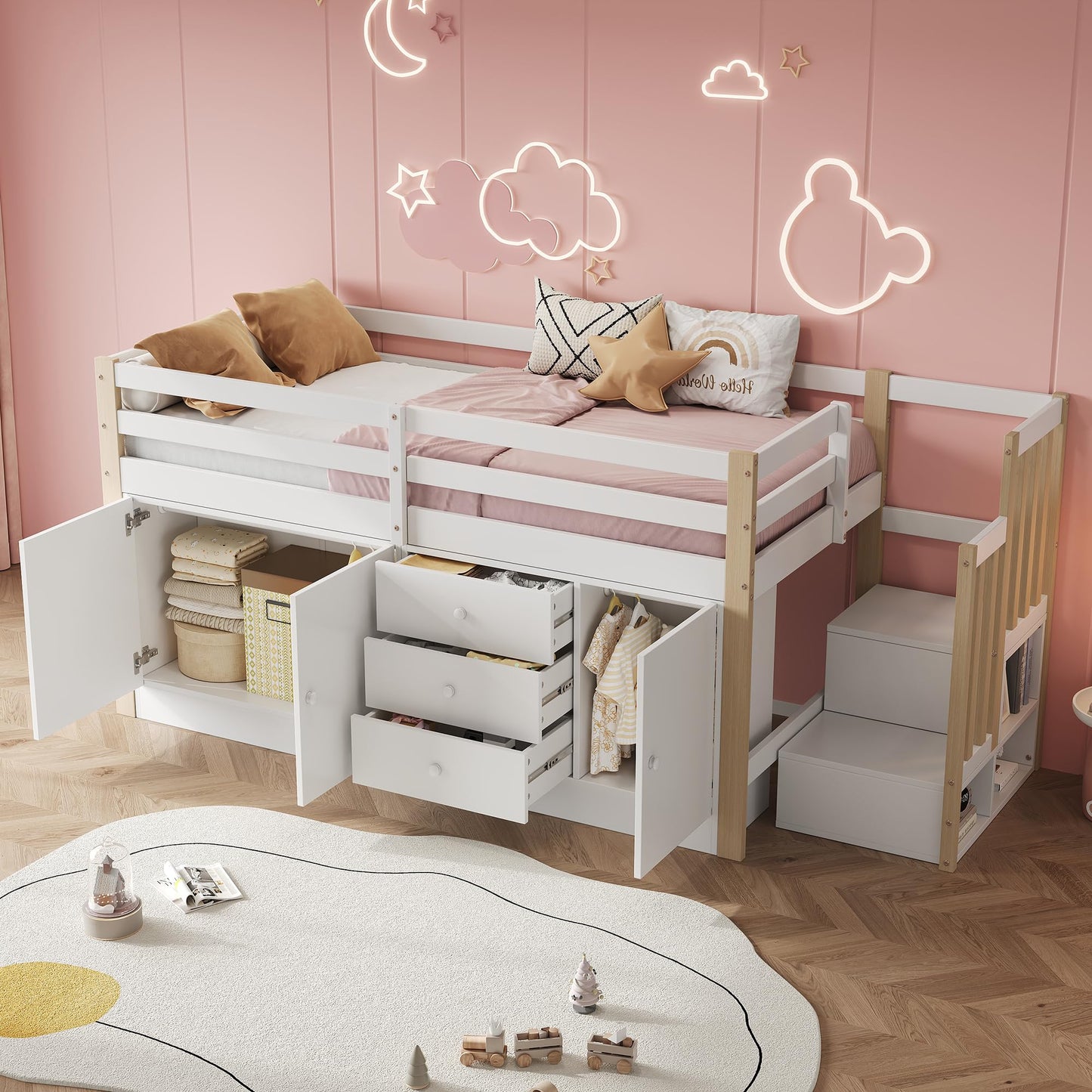 Merax Kinderbett 90x200 cm aus Holz, Multifunktionales Hochbett mit austauschbarer Treppe & Stauraum, Schubladen als Schreibtisch nutzbar, Weiß (Ohne Matratze)