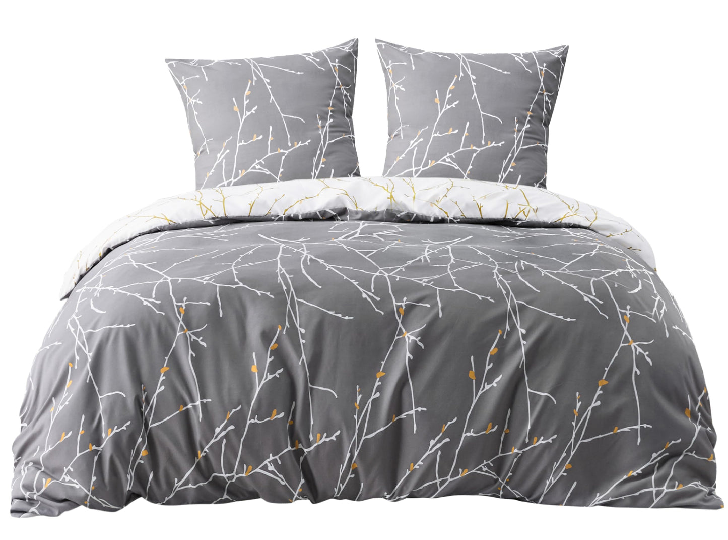 BEDSURE Bettwäsche 135x200 4teilig Bettbezug - Bettwäsche-Sets 135 x 200 cm 2er Set mit 2 Kissenbezüge 80x80cm, ÖKO-TEX Wendebettwäsche Bedding Zweige Grau Muster mit Reißverschluss