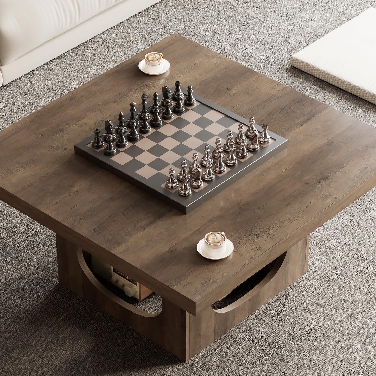 HSH Wooden Coffee Table, Living Room Table, Sofa Table, Side Table, Coffee Table with Cat House Cushion, Industrial Square Table, Rustic Oak, 90 cm