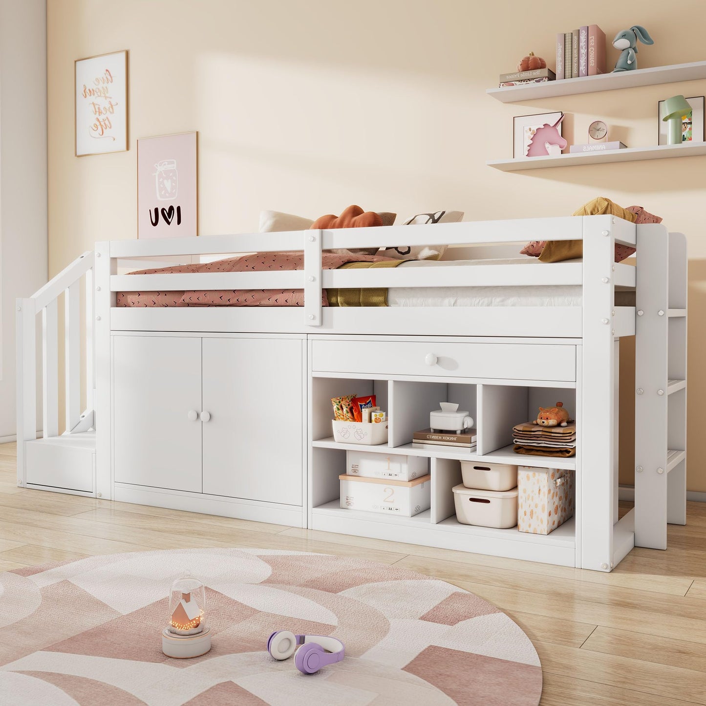 Merax Kinderbett 90x200 cm aus Holz, Multifunktionales Hochbett mit austauschbarer Treppe & Stauraum, Schubladen als Schreibtisch nutzbar, Weiß (Ohne Matratze)