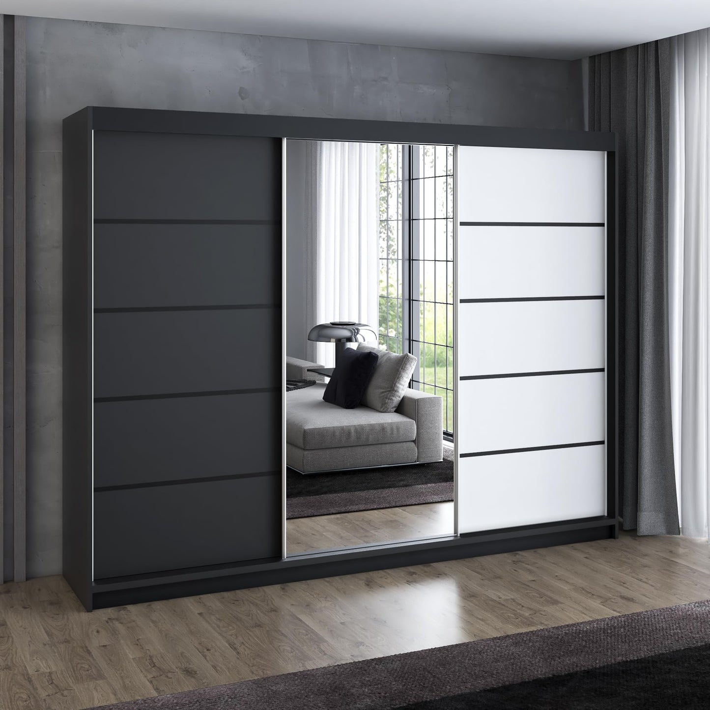 A&J MöbelLand Schwebetürenschrank VILANO 2, 3-türig Schrank 200 cm Kleiderschrank mit 4 Schubladen, und Spiegel (Weiß, Schwarz, Somona) (Schwarz/schwarz/schwarz)