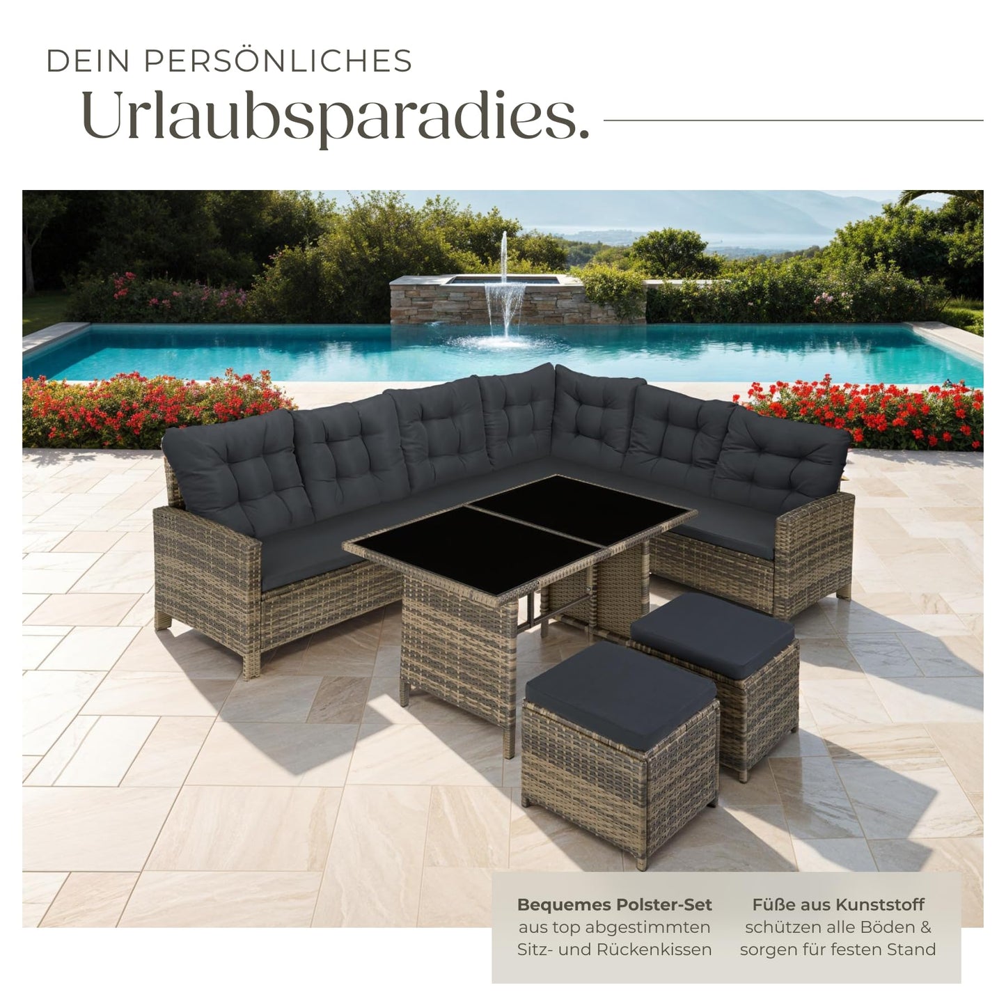 tectake Polyrattan Lounge Set, Garden Furniture Set with Sofa, Stool + Table, Balcony Furniture Outdoor, 5-Piece Seating Set, Including Seat and Back Cushion, Ideal for Garden, Patio, Balcony -