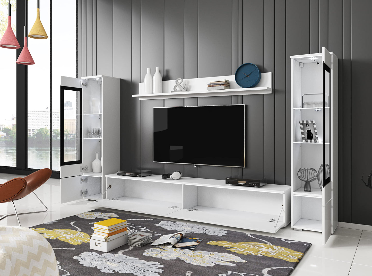 MINIO go for it Veve 2, 4-Piece Wall Unit Set, Hanging or Standing, 2 x Tall Cabinet Display Cabinets, Lowboard, Wall Board, Laminated Clamping Plate, Wotan Oak and Black Gloss, without Lighting