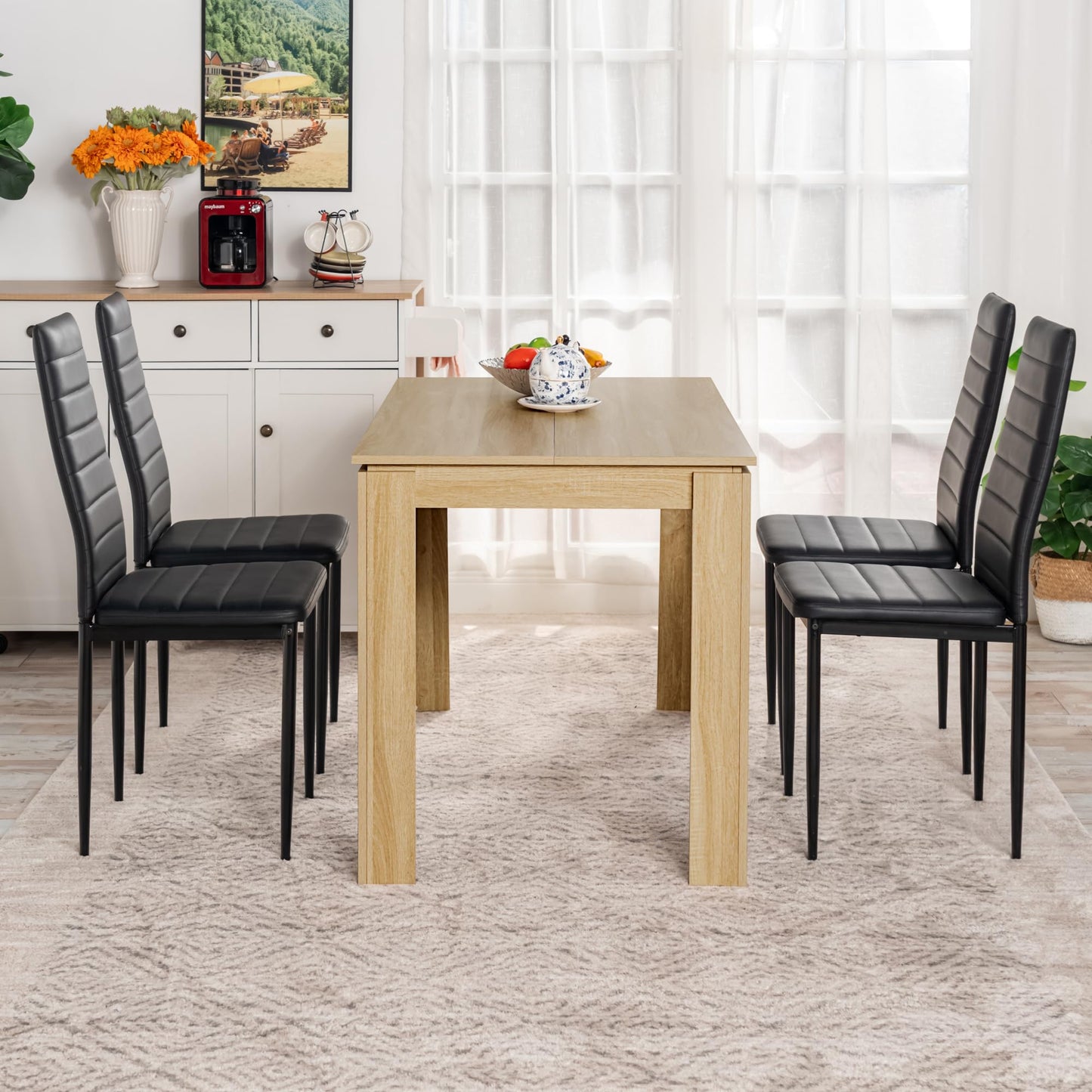 FURNITABLE Esstisch mit 6 Stühlen Esszimmergruppe, Essgruppe mit Hochlehner Kunstleder Stuhl für 6 Personen, Sitzgruppe für Küche Wohnzimmer(160cm Eiche-Weiß Tischbein Tisch+6 Schwarz Stühle)