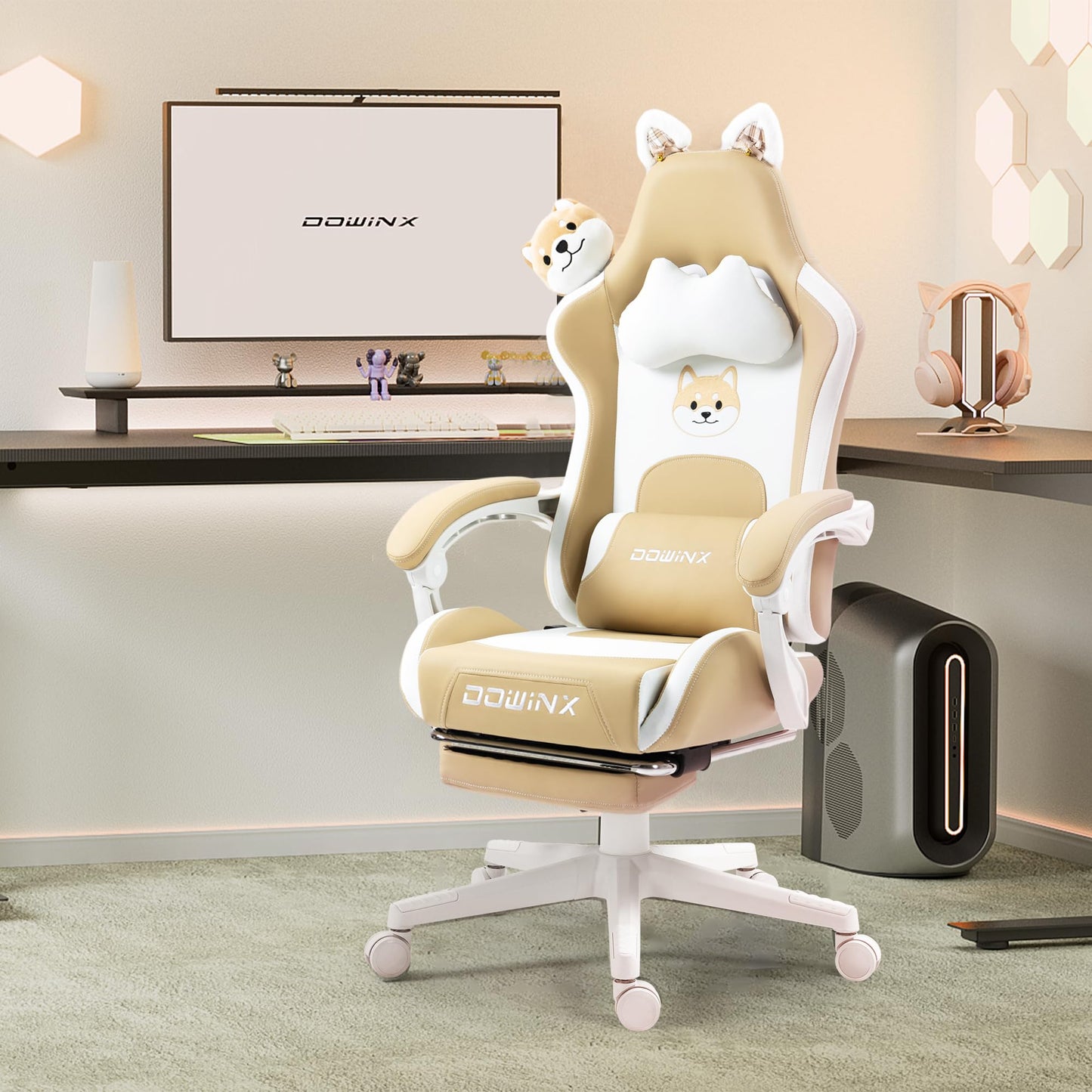 Dowinx Gaming Chair - Cute Cat Edition - Ergonomic Computer Chair with High Back and Lumbar Support, PU Leather, Footrest, Black