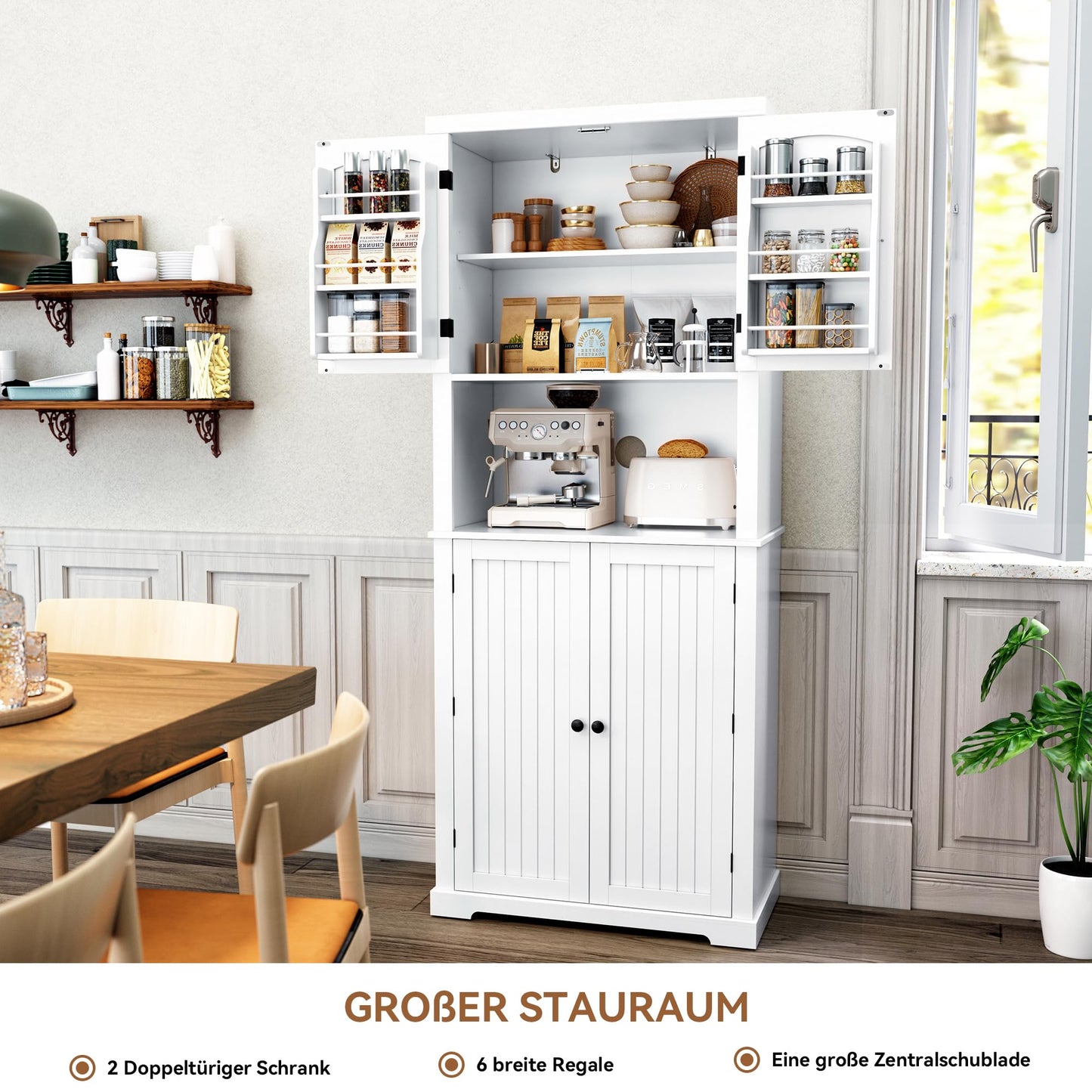 HOLTICO Küchenschrank mit Arbeitsplatte, Hochschrank Küchenbuffet Buffetschrank, Esszimmerschrank, Speisekammer mit Türen und Regalen für Esszimmer, Wohnzimmer, Waschküche,Schwarz