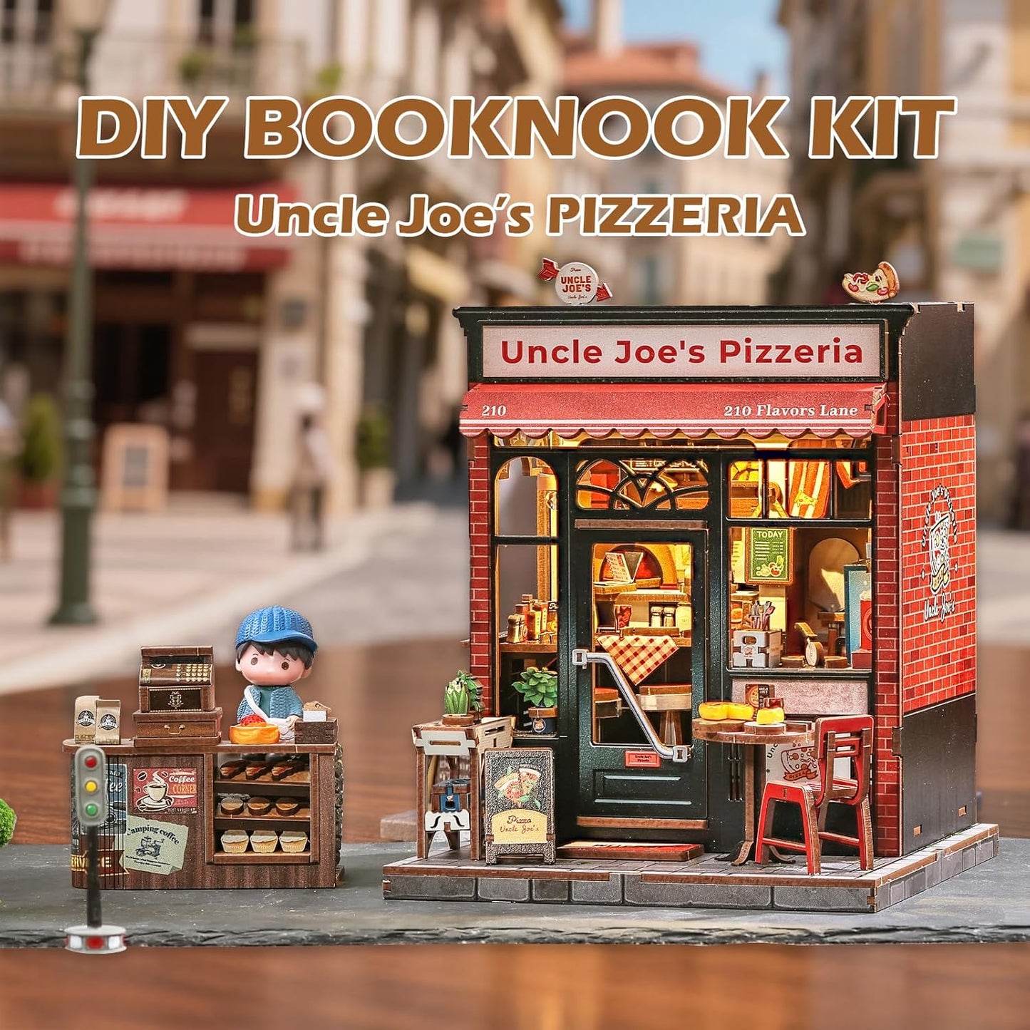 Fsolis Book Nook Kit - DIY Häuser Bausatz mit LED Beleuchtung - Retro Miniatur Bücherregal Deko Jugendliche und Erwachsene(Uncle Joe's Pizzeria)