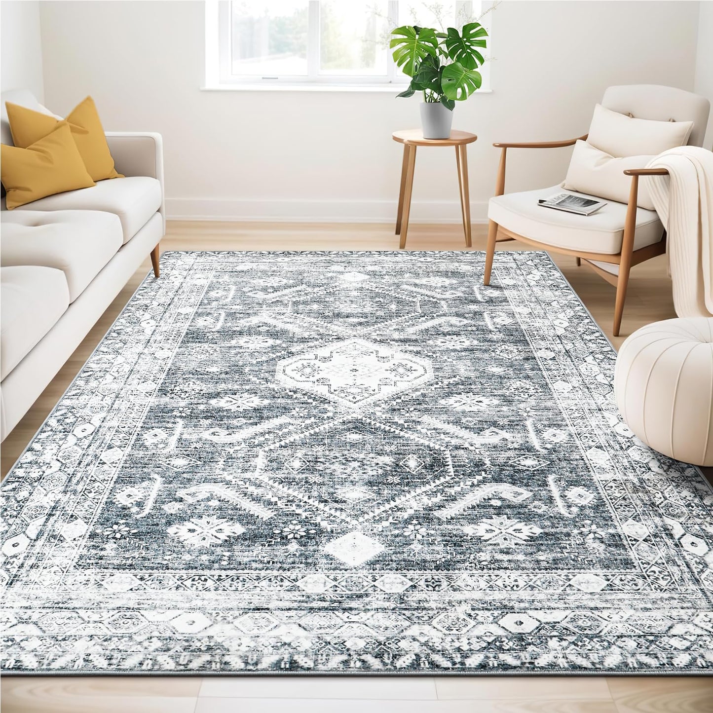 WONGS BEDDING Boho Rug Living Room Bedroom Short Pile Rugs Washable Soft Non-Slip Vintage Design