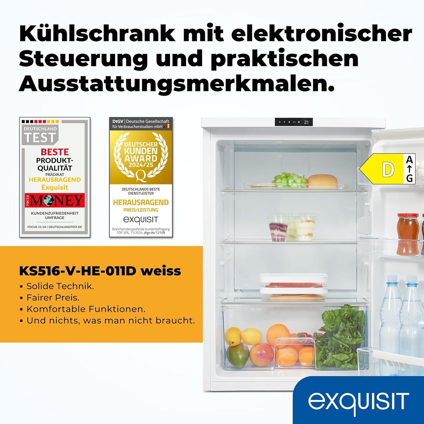 Exquisit KS516-V-HE-011D Fridge without Freezer, 134 Litres, Electronic Control, Quick Cooling, Alarm Function, Full Room Refrigerator, 55 cm Width, White