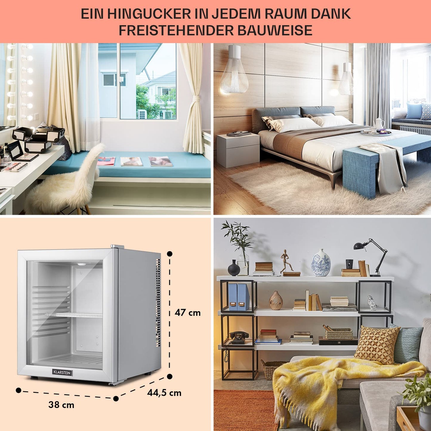 Klarstein Kühlschrank, Mini Kühlschrank mit Glastüre, Mini-Kühlschrank für Getränke, Snacks & Kosmetik, Kühlschrank Klein & Leise, Verstellbare Ablagen, Kleiner Skincare Kühlschrank 12-18°C, 23L