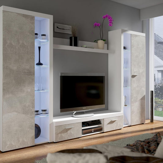 Kuechen-preisbombe TOP Wohnwand Rumba XL Anbauwand Wohnkombi Wohnzimmer Beton Optik + Weiss matt