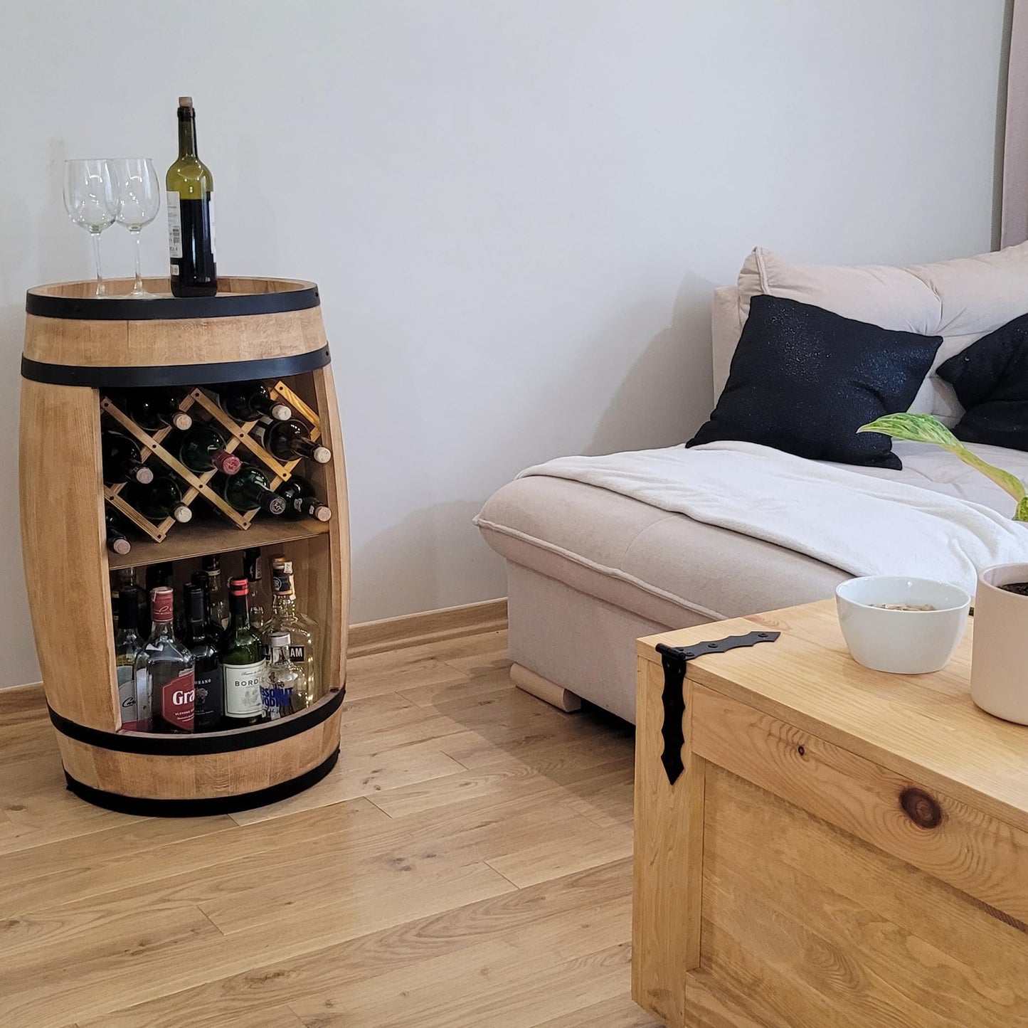 Barrel Bar with LED Lighting and Wine Holder Wine Rack - Wooden Barrel Home Bar 80 cm Rustic Decorative Bar Cabinet Wine Stand - Barrel Beer Wine Bottle Stand - Bar Whisky Gift (Dark Brown)