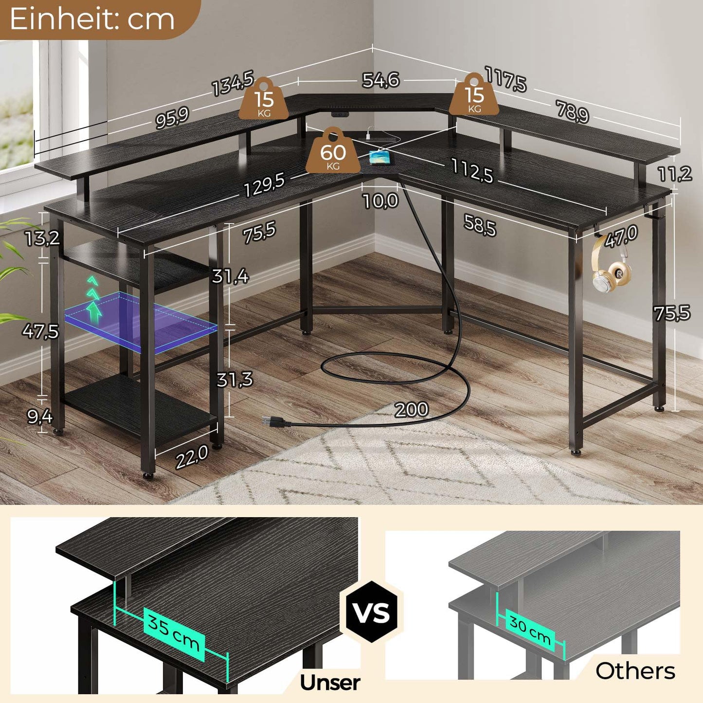 Rolanstar Schreibtisch L Form mit LED & Steckdosen, 117 cm Computertisch mit Monitorständer & Ablagefläche, Reversibler Eckschreibtisch mit 2 Haken, perfekt für Arbeitszimmer Schlafzimmer Büro