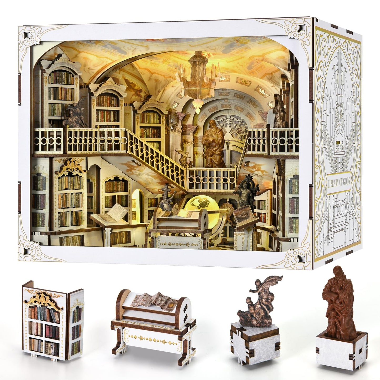 MiniCity Book Nook Kit, DIY Miniature Dollhouse Booknook Kit, 3D Wooden Puzzle Bookend Bookshelf Insert Decor for Teenagers and Adults (Library of Gods Max)