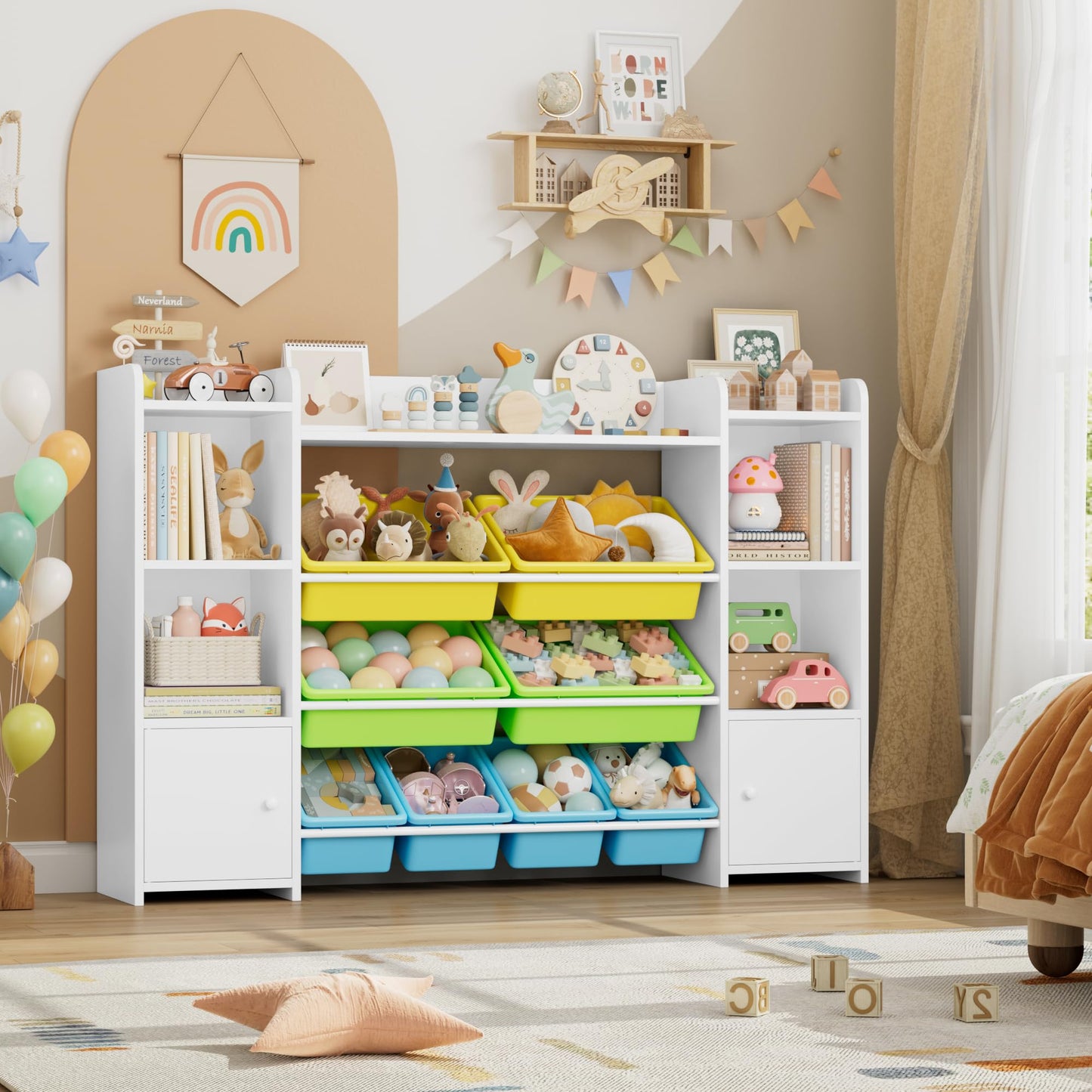 FOREHILL Kinderregal mit 8 Boxen Kinderschrank Holz Bücherregal für Kinder Aufbewahrungsbox Kinderzimmer Möbel mit Spielzeugkiste 138,8 x 94,3 x29,6 cm (rosa)