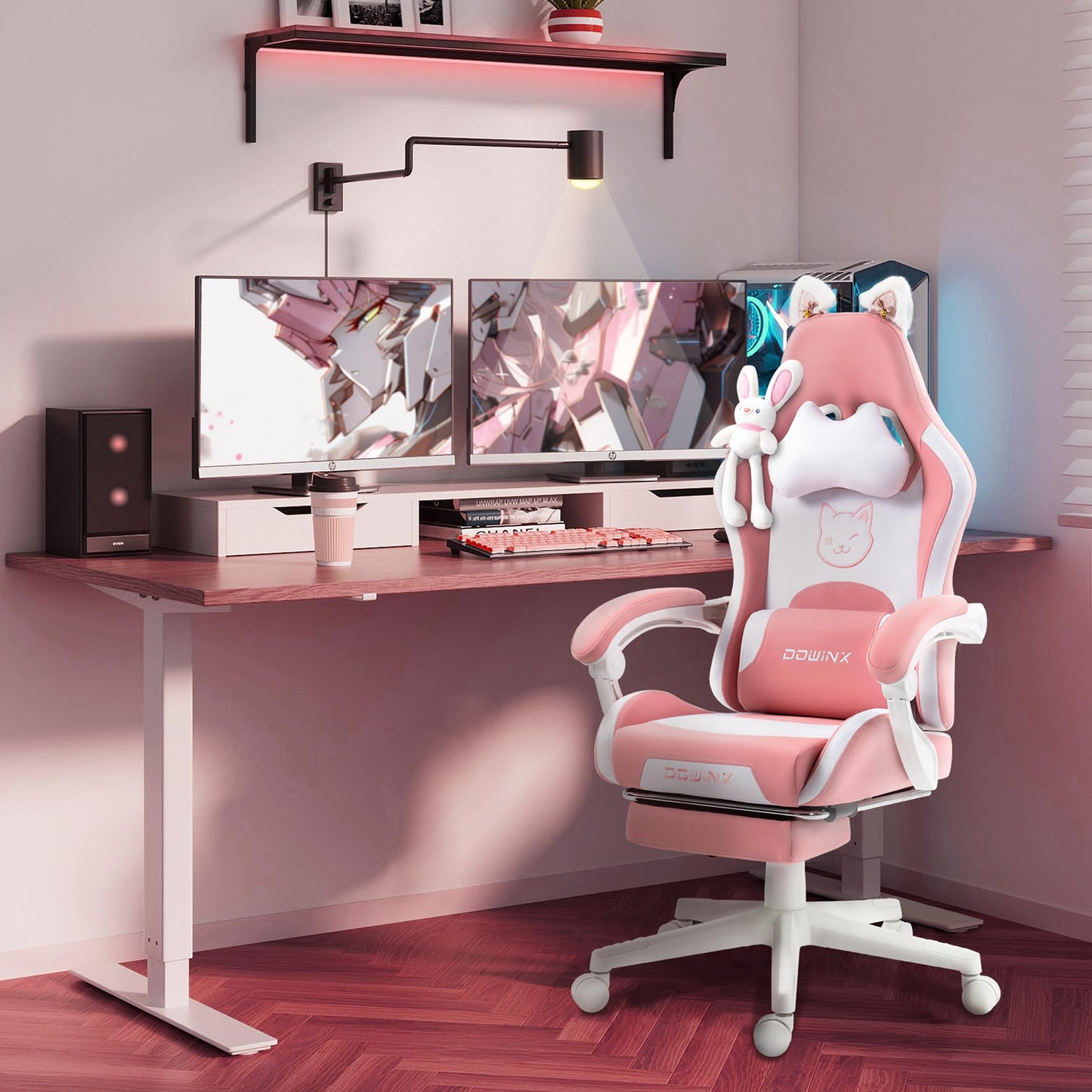 Dowinx Gaming Chair - Cute Cat Edition - Ergonomic Computer Chair with High Back and Lumbar Support, PU Leather, Footrest, Black